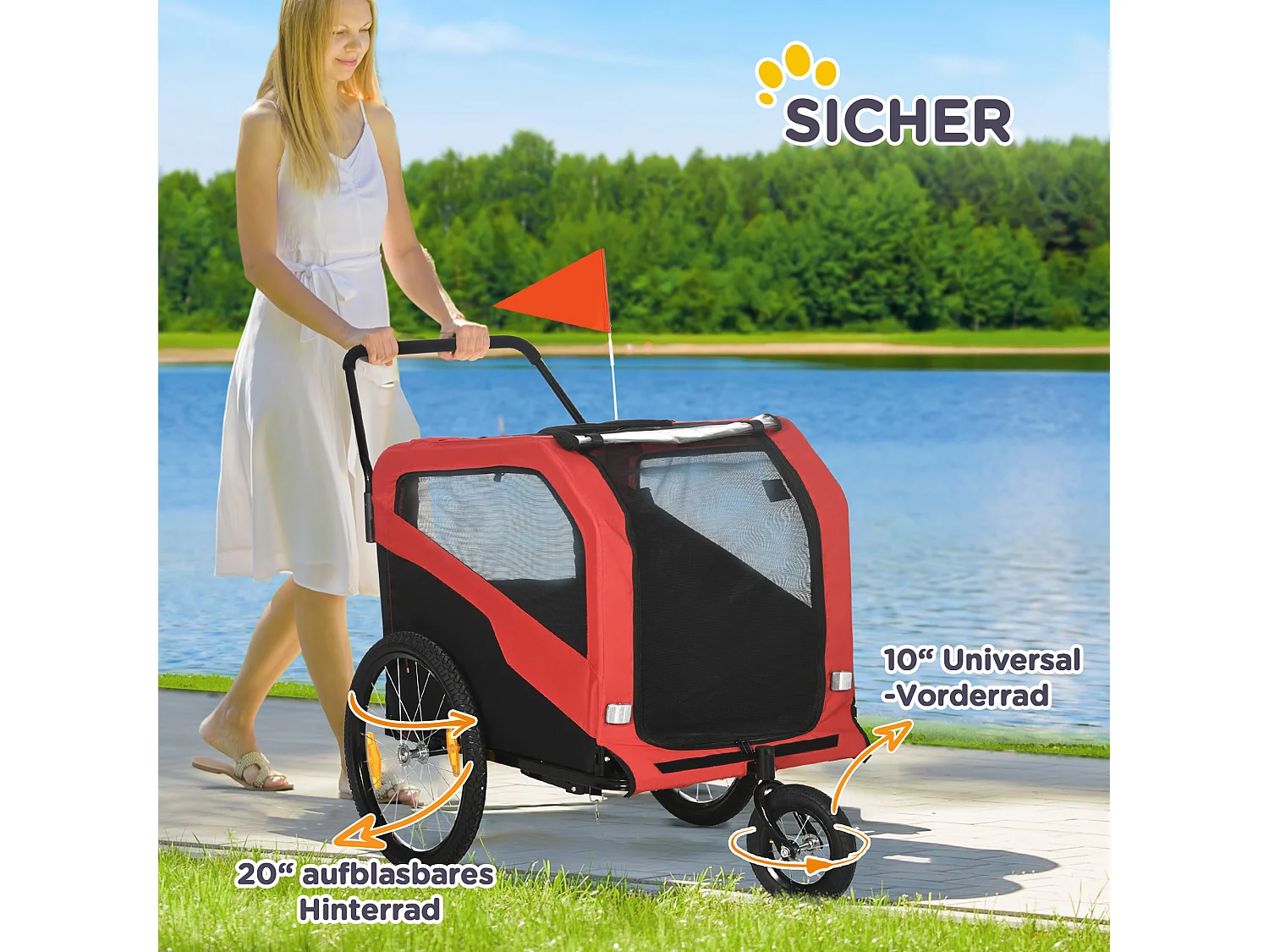 Chariot 2-en-1 pour chien, convertible en poussette ou remorque vélo, tissu Oxford, rouge (170x77x90 cm)