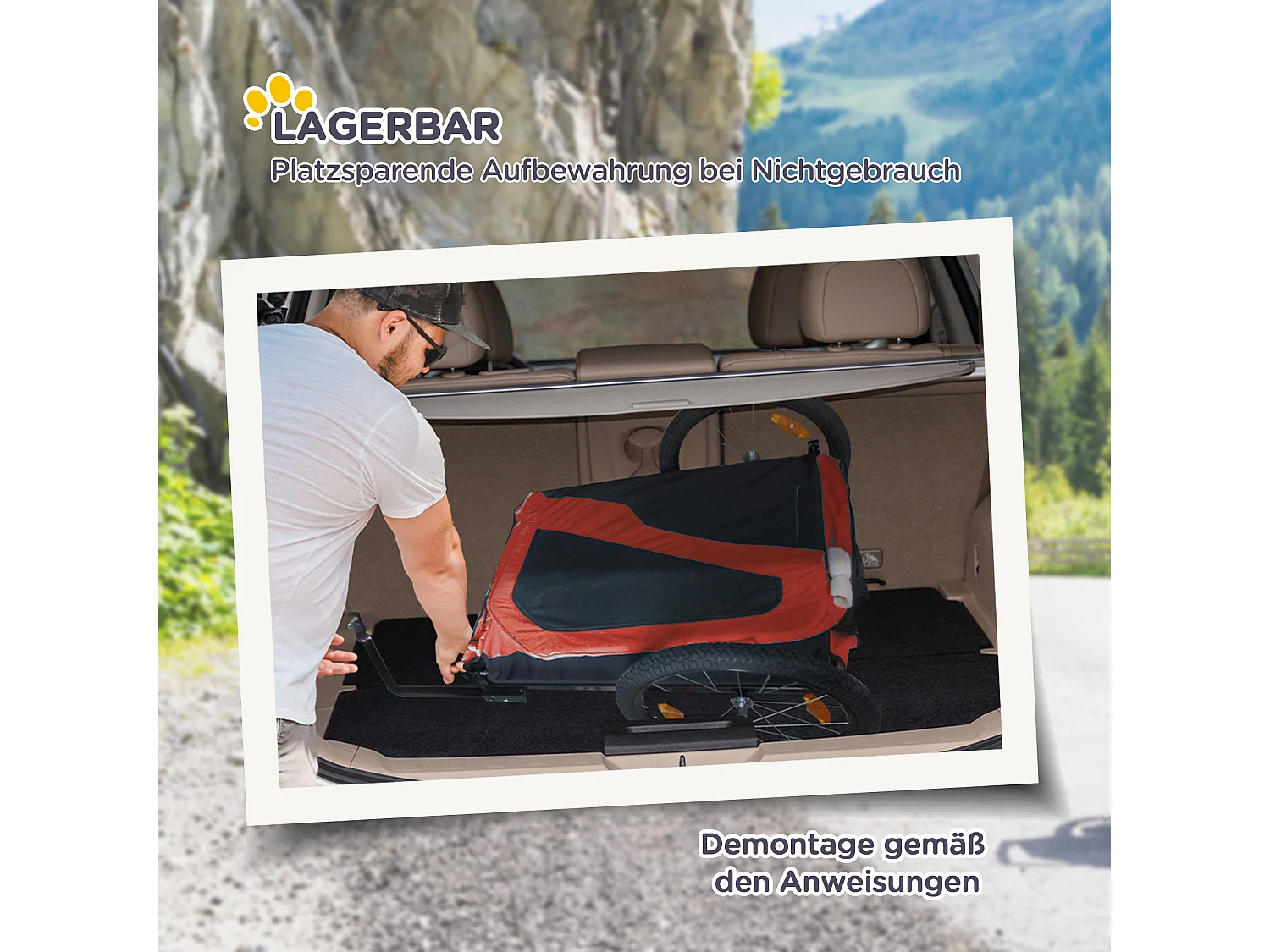 Chariot 2-en-1 pour chien, convertible en poussette ou remorque vélo, tissu Oxford, rouge (170x77x90 cm)