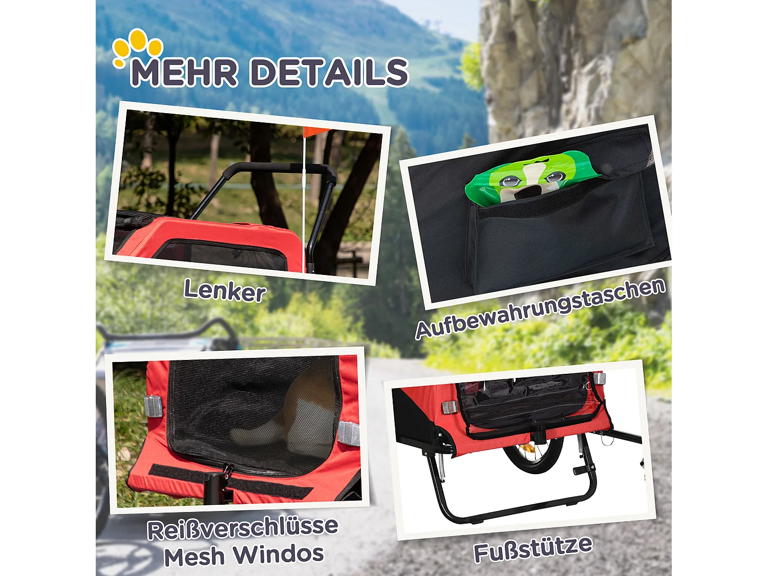 Chariot 2-en-1 pour chien, convertible en poussette ou remorque vélo, tissu Oxford, rouge (170x77x90 cm)