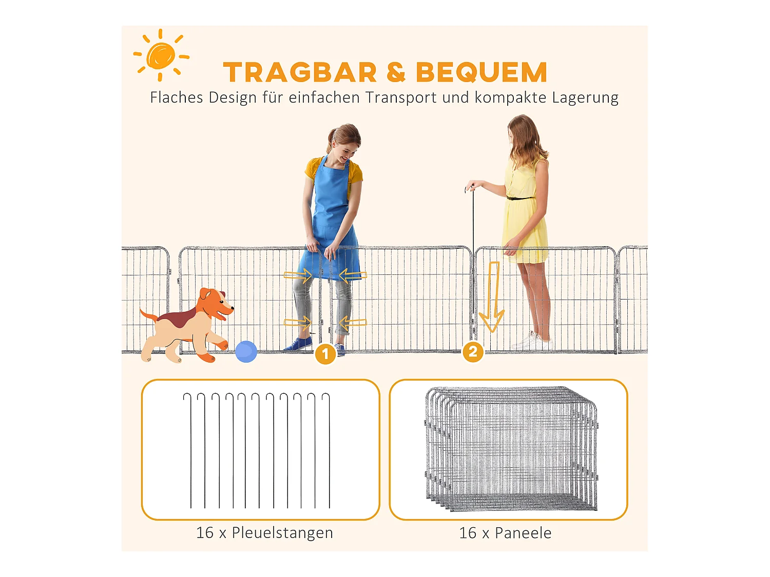 Enclos pour chiots modulable, 16 segments avec 2 portes, acier, gris (80x1.5x60 cm)