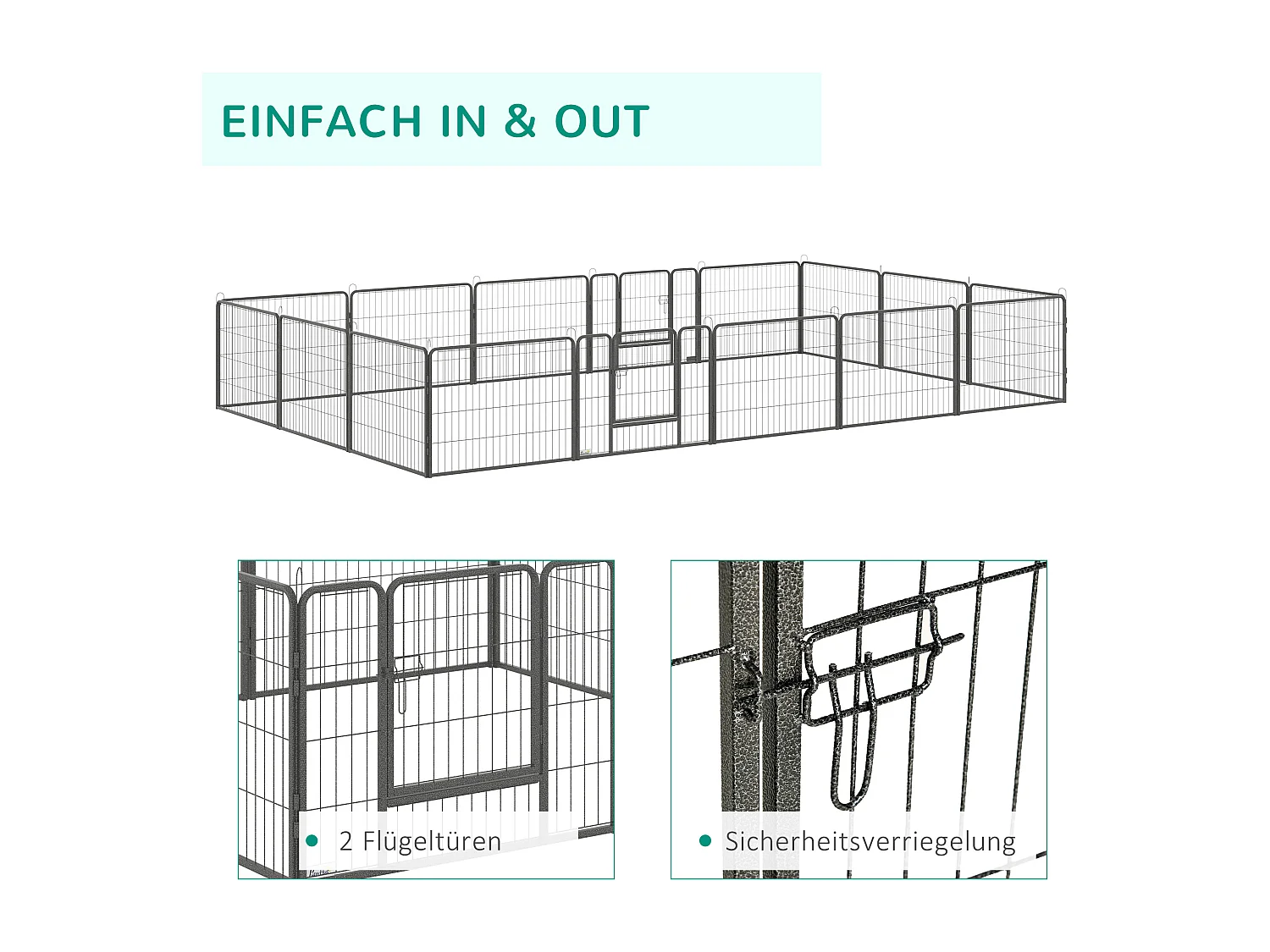Modulaire puppyren, 16 segmenten met 2 deuren, staal, grijs (80x1,5x60 cm)