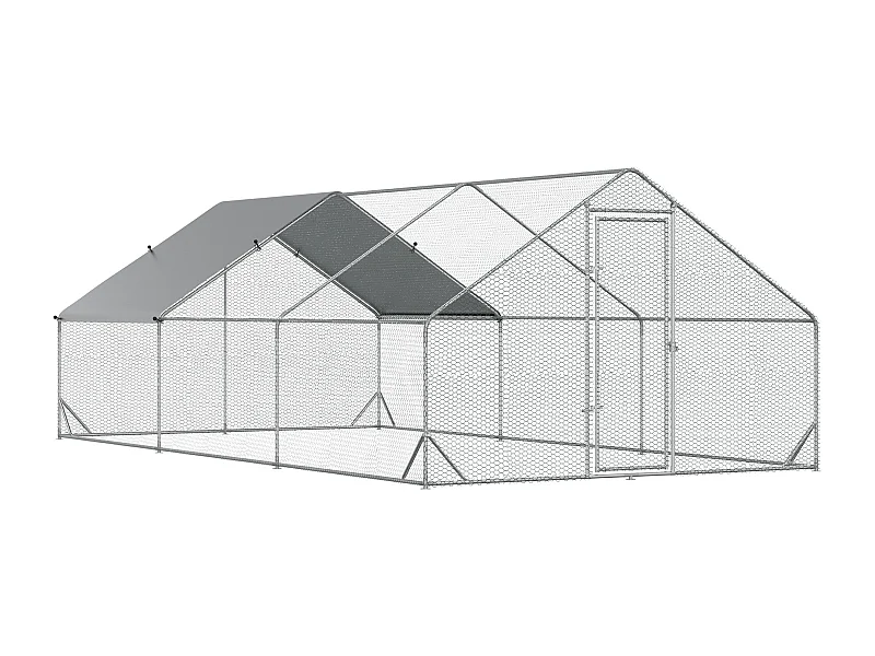 Volière extérieure spacieuse pour poules, canards et lapins, acier galvanisé, argenté, avec toit et zone ombragée (300x600x200 cm)