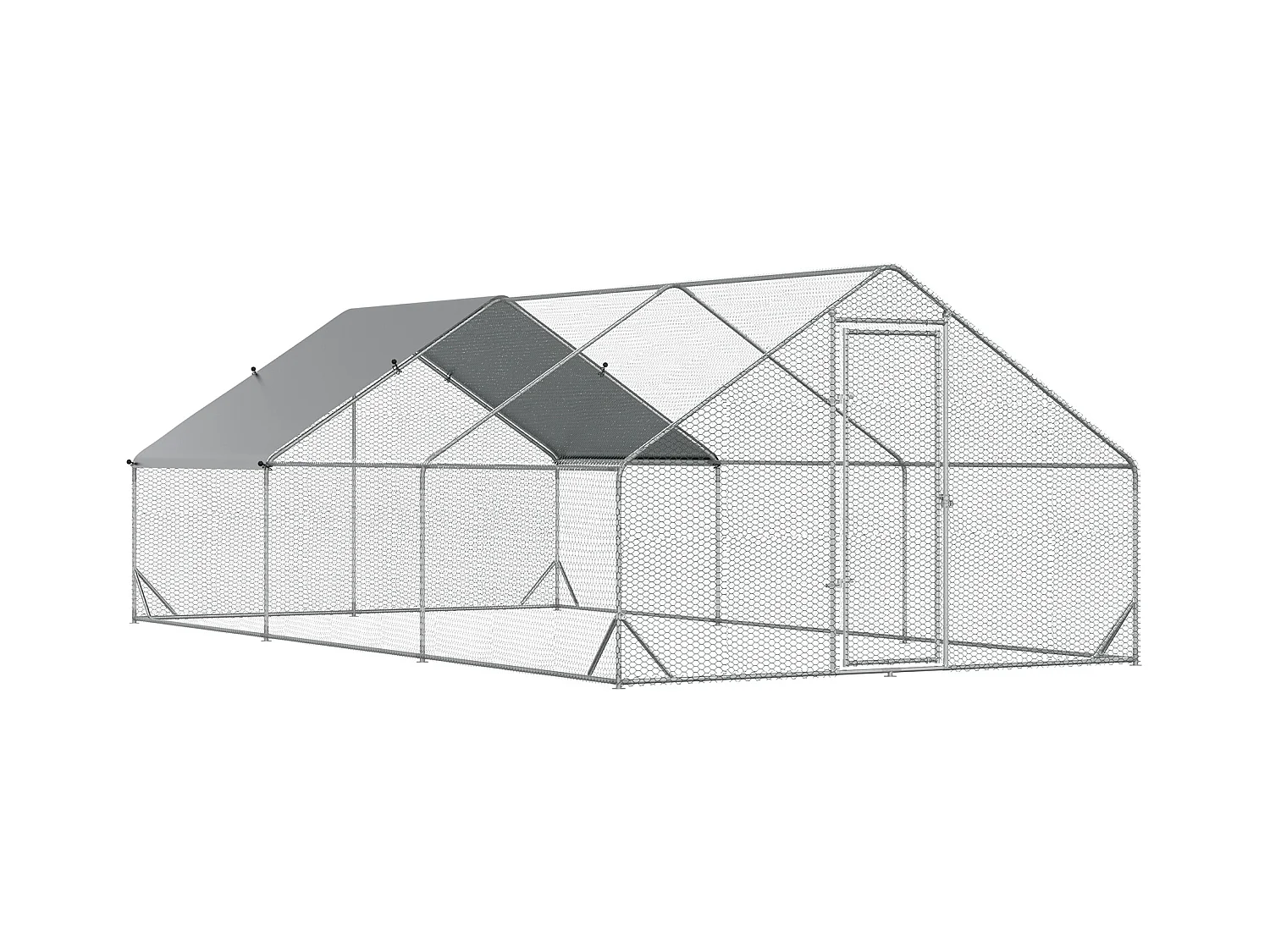 Volière extérieure spacieuse pour poules, canards et lapins, acier galvanisé, argenté, avec toit et zone ombragée (300x600x200 cm)