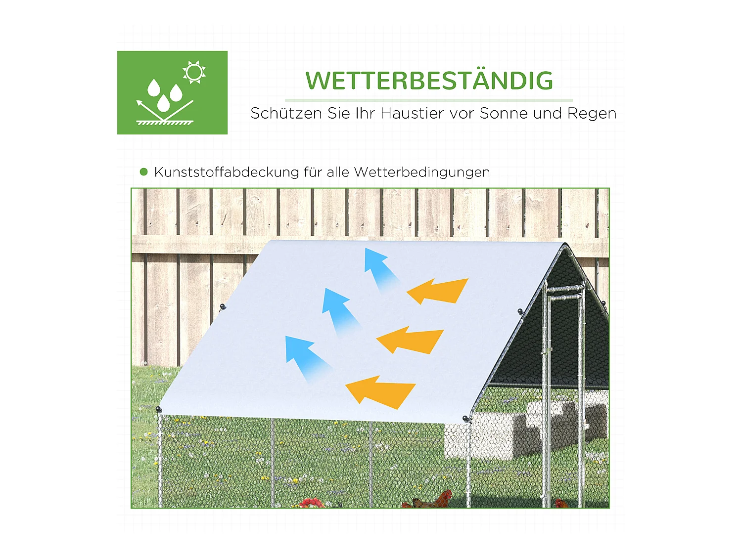 Volière extérieure spacieuse pour poules, canards et lapins, acier galvanisé, argenté, avec toit et zone ombragée (300x600x200 cm)