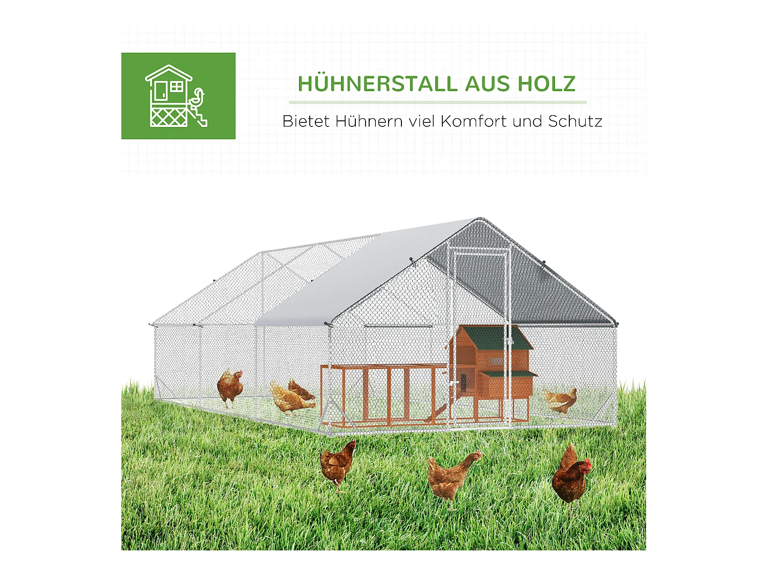 Volière extérieure spacieuse pour poules, canards et lapins, acier galvanisé, argenté, avec toit et zone ombragée (300x600x200 cm)