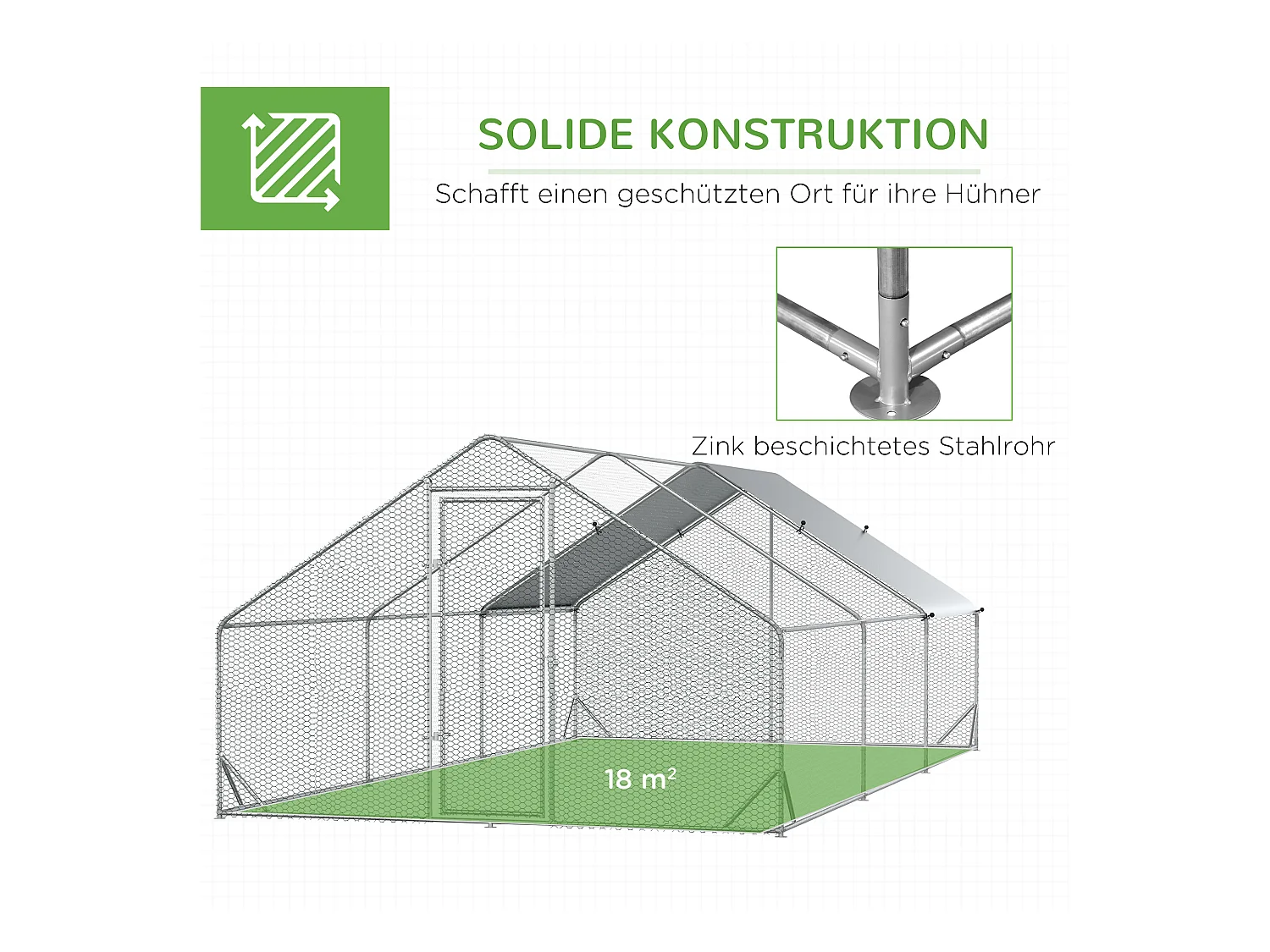 Volière extérieure spacieuse pour poules, canards et lapins, acier galvanisé, argenté, avec toit et zone ombragée (300x600x200 cm)