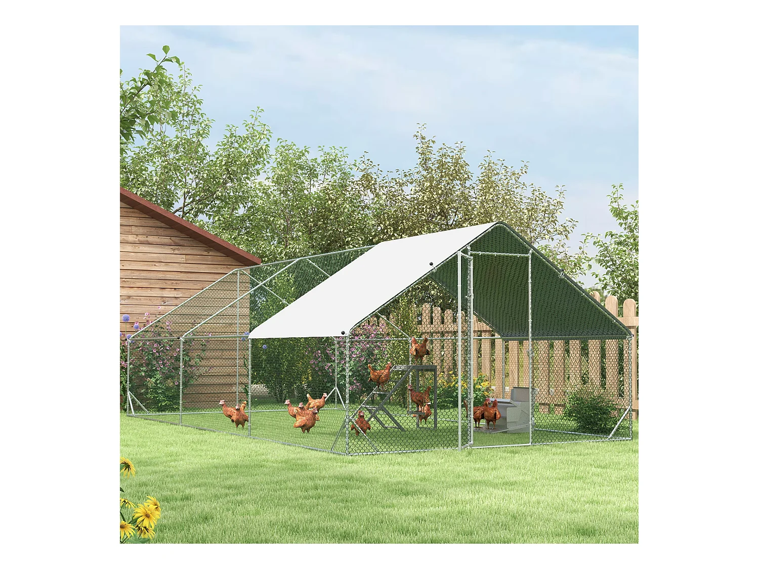 Volière extérieure spacieuse pour poules, canards et lapins, acier galvanisé, argenté, avec toit et zone ombragée (300x600x200 cm)