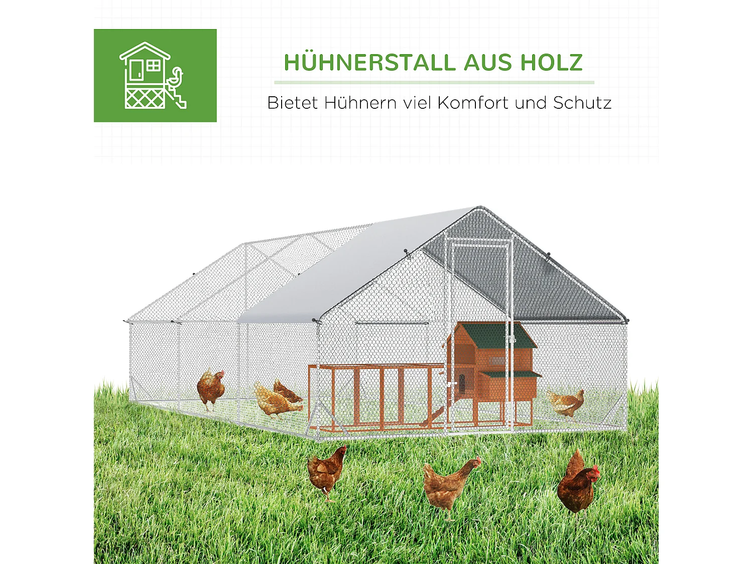 Volière extérieure spacieuse pour poules, canards et lapins, acier galvanisé, argenté, avec toit et zone ombragée (300x600x200 cm)