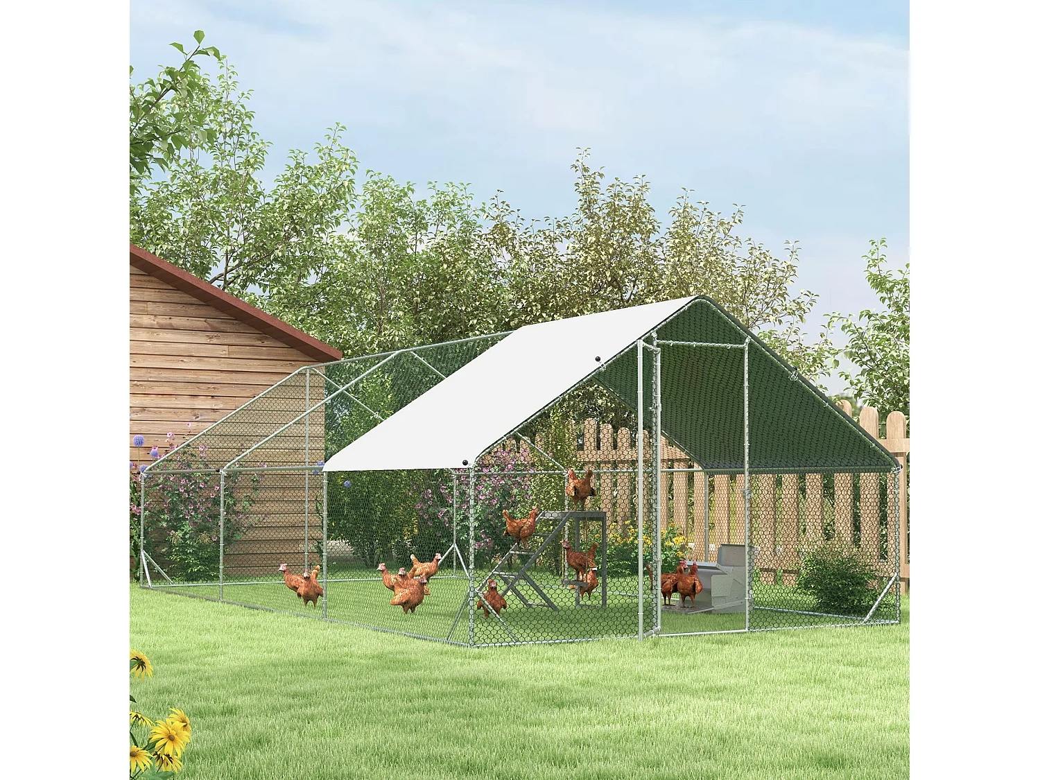 Volière extérieure spacieuse pour poules, canards et lapins, acier galvanisé, argenté, avec toit et zone ombragée (300x600x200 cm)
