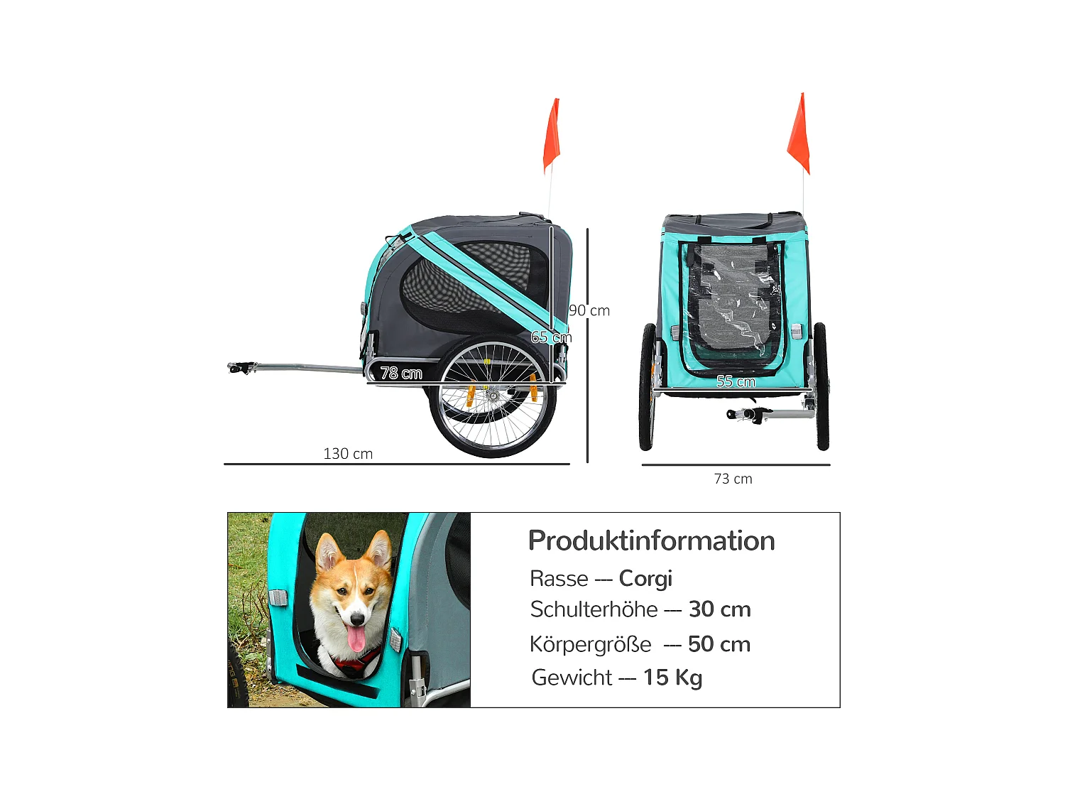 Remorque pour chien, pratique et sécurisée, tissu Oxford imperméable, aérée, grise (130x73x90cm)