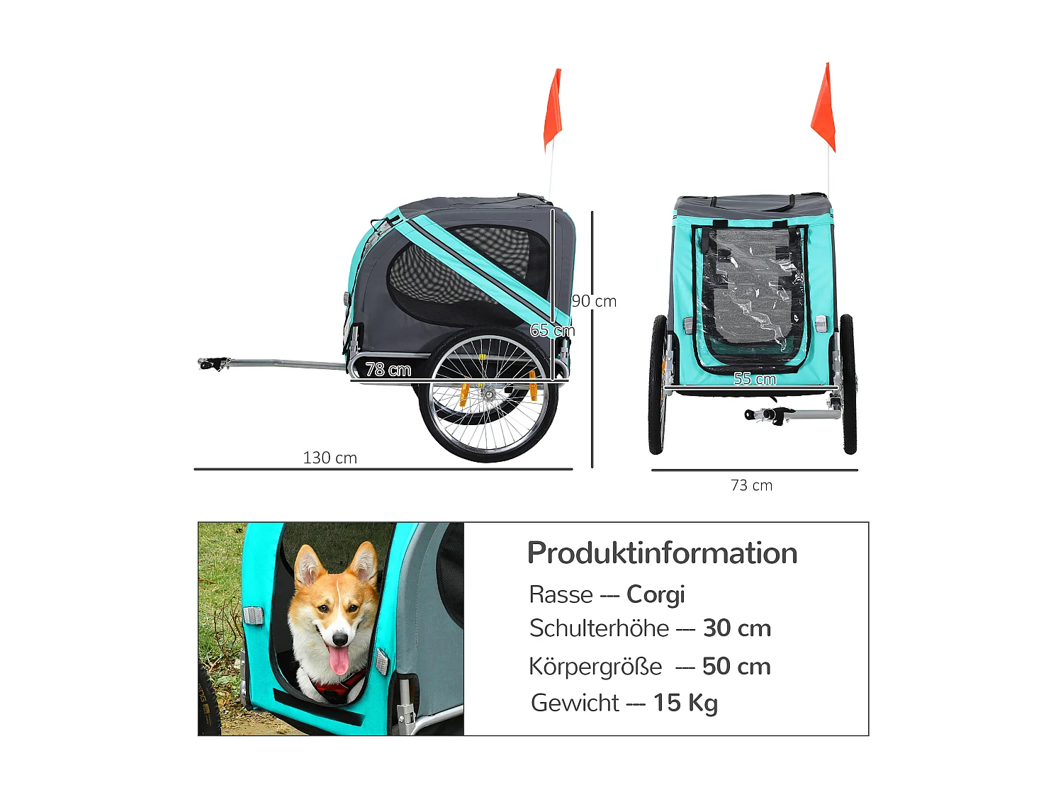 Remorque pour chien, pratique et sécurisée, tissu Oxford imperméable, aérée, grise (130x73x90cm)