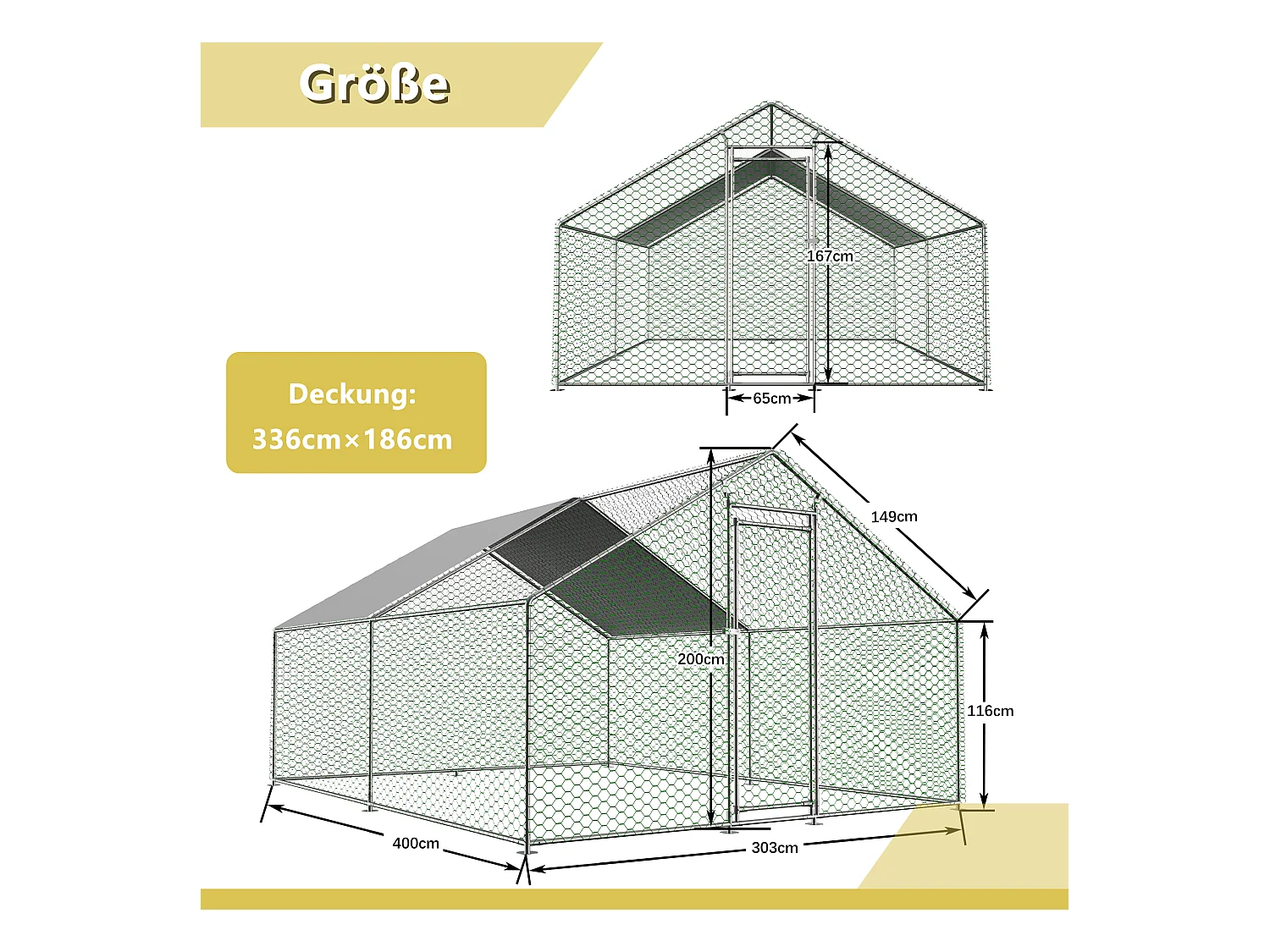 Enclos extérieur volailles/animaux, métal, bâche PE imperméable, serrure, argenté (300x400x200cm)