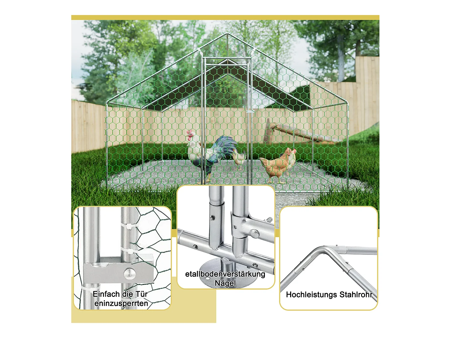 Enclos extérieur volailles/animaux, métal, bâche PE imperméable, serrure, argenté (300x400x200cm)