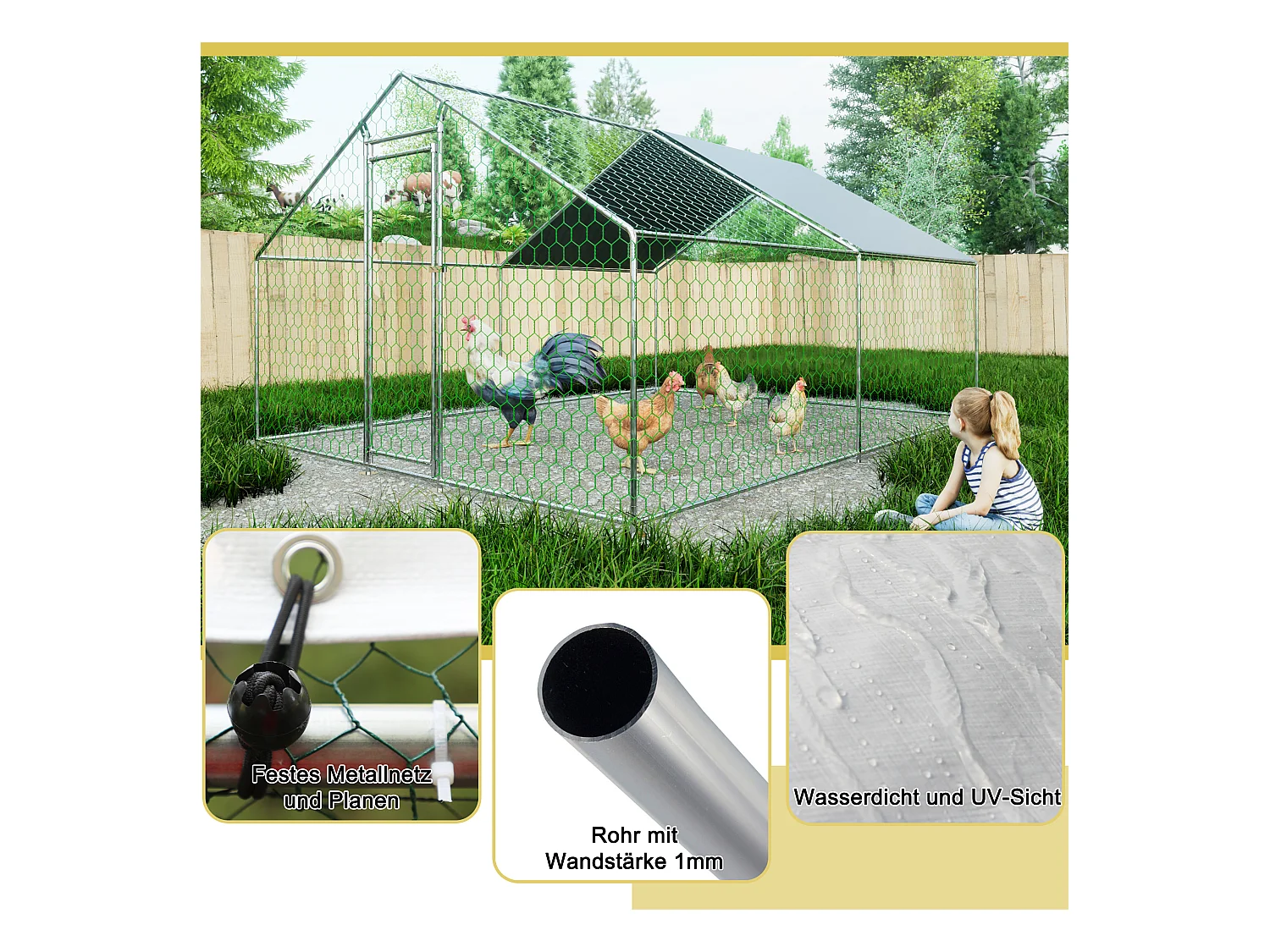 Enclos extérieur volailles/animaux, métal, bâche PE imperméable, serrure, argenté (300x400x200cm)