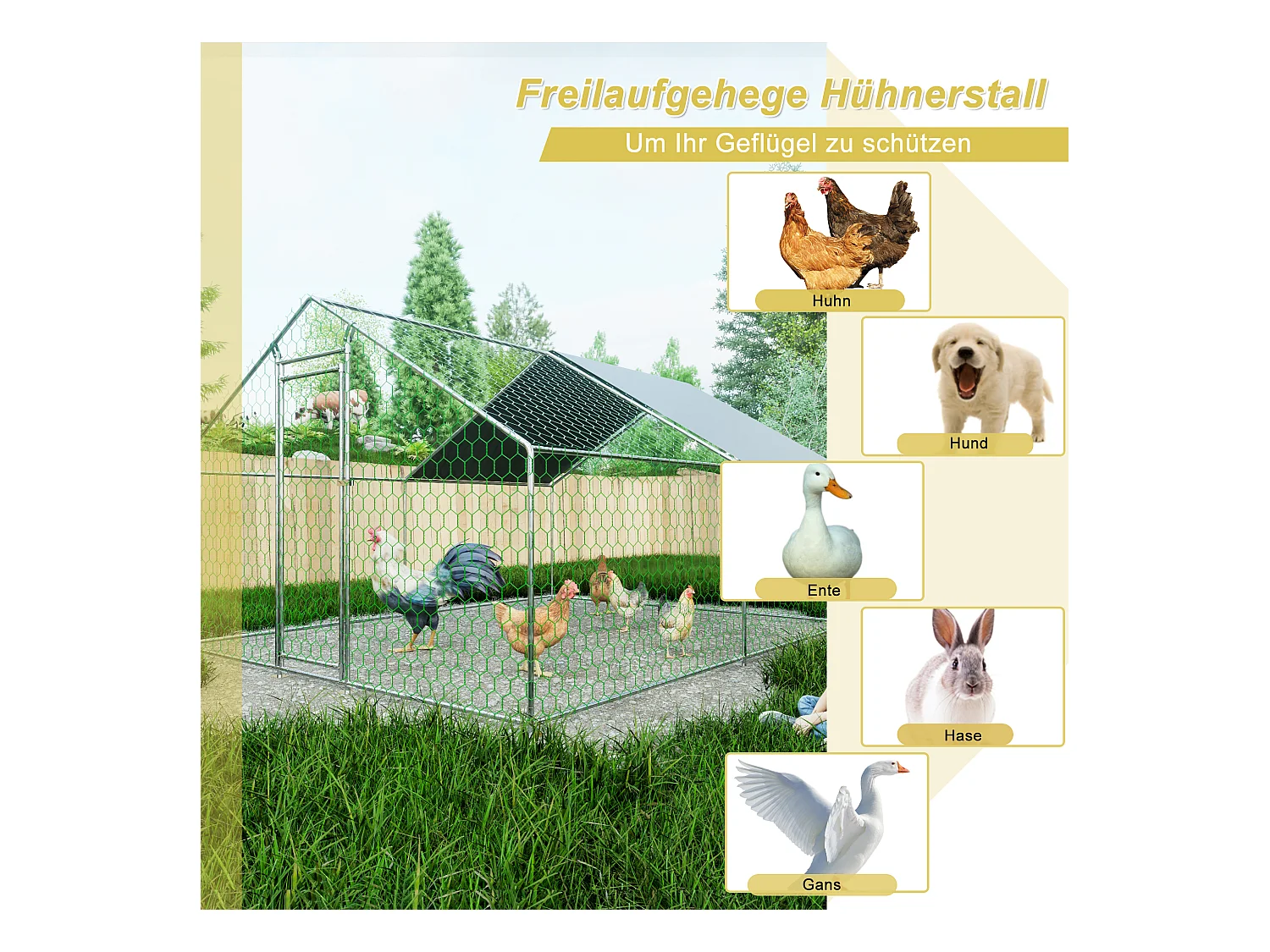 Enclos extérieur volailles/animaux, métal, bâche PE imperméable, serrure, argenté (300x400x200cm)