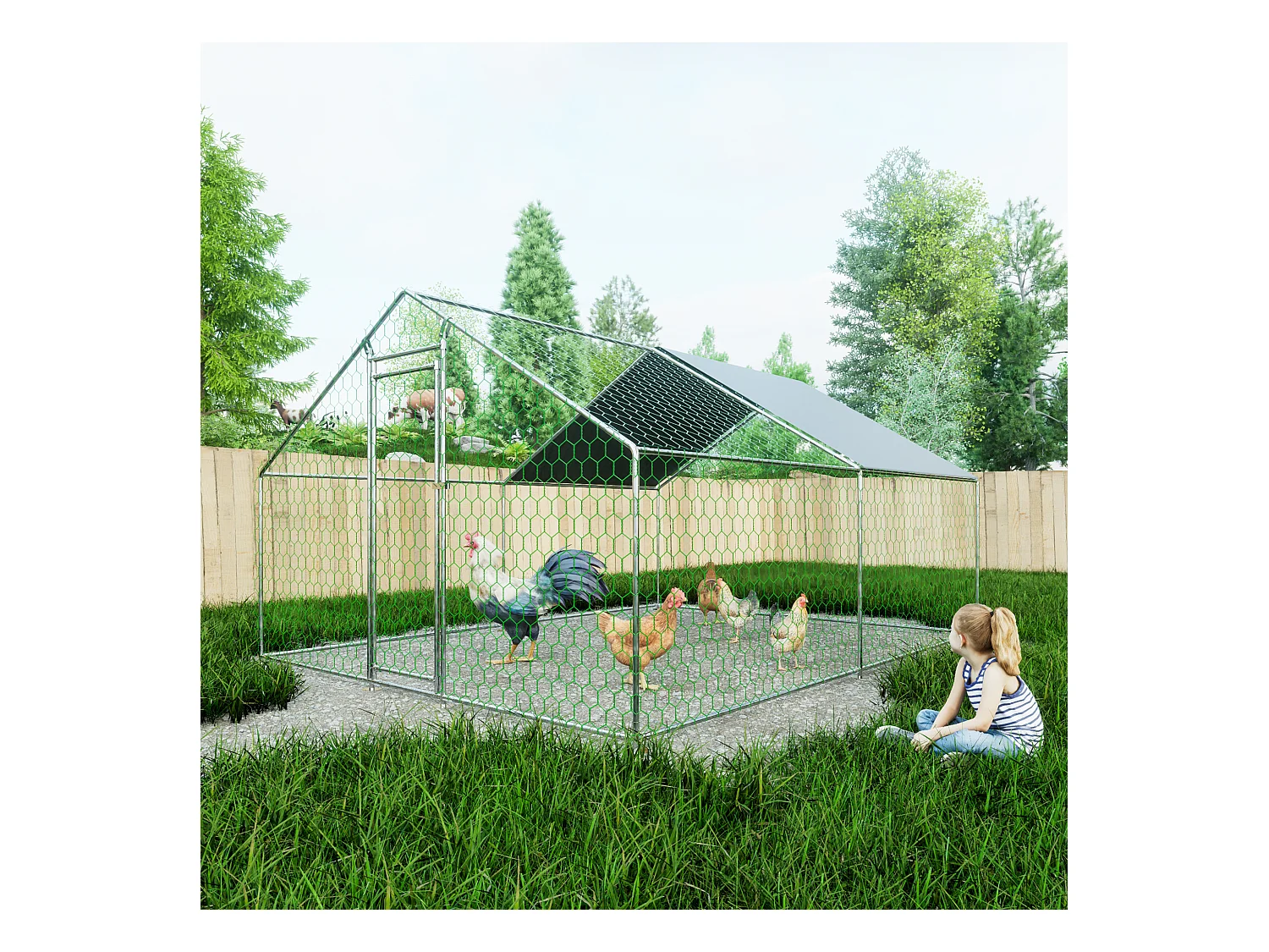 Enclos extérieur volailles/animaux, métal, bâche PE imperméable, serrure, argenté (300x400x200cm)