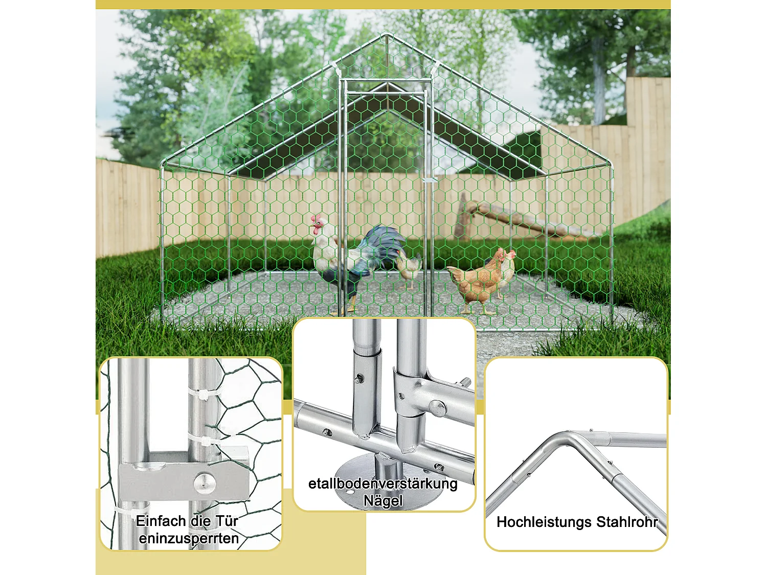 Enclos extérieur volailles/animaux, métal, bâche PE imperméable, serrure, argenté (300x400x200cm)