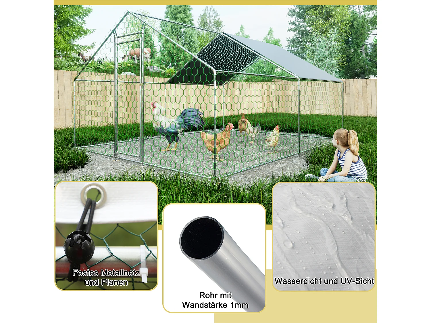 Enclos extérieur volailles/animaux, métal, bâche PE imperméable, serrure, argenté (300x400x200cm)