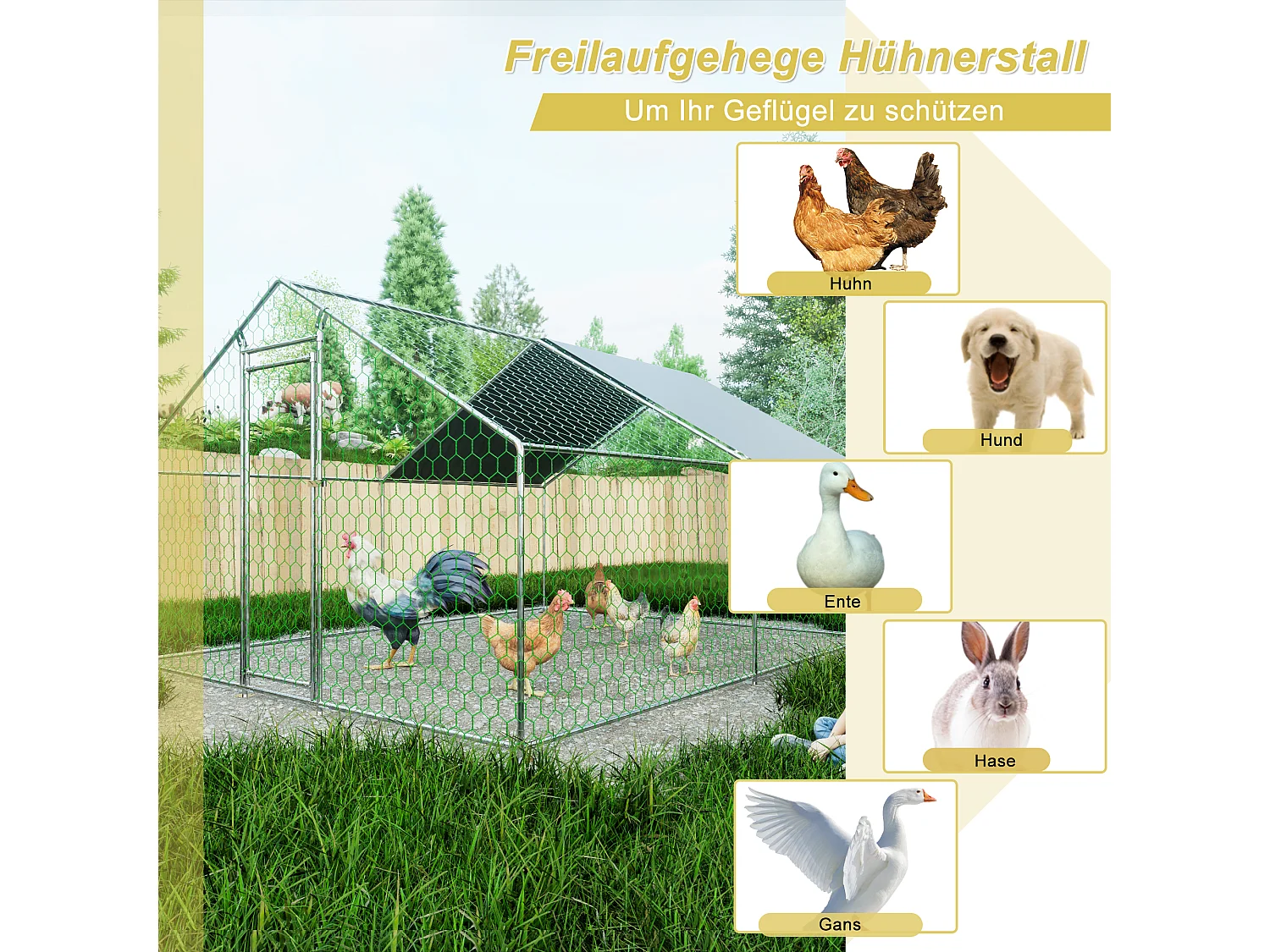 Enclos extérieur volailles/animaux, métal, bâche PE imperméable, serrure, argenté (300x400x200cm)