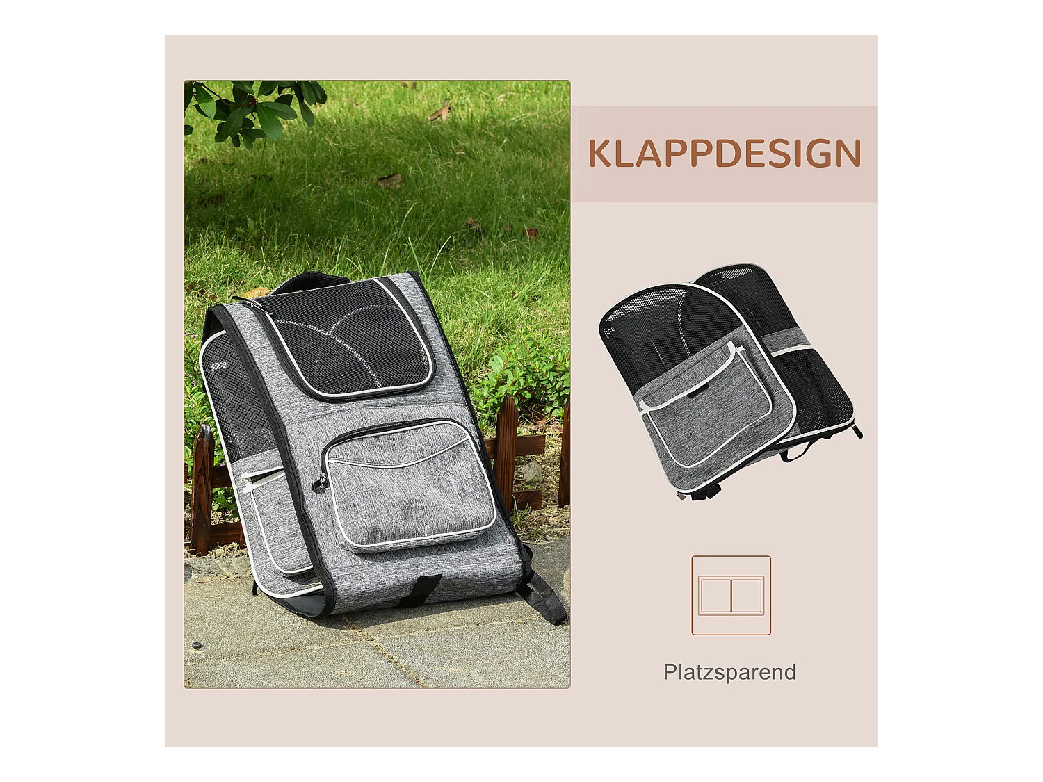 Sac de transport 2-en-1 pour chien et chat, design moderne, toile Oxford, gris, avec porte et fenêtre (43x33x51.5cm)