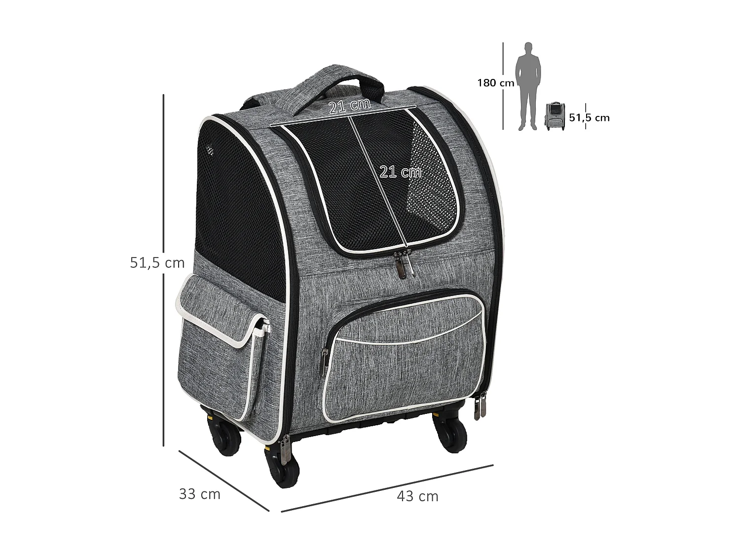 Sac de transport 2-en-1 pour chien et chat, design moderne, toile Oxford, gris, avec porte et fenêtre (43x33x51.5cm)