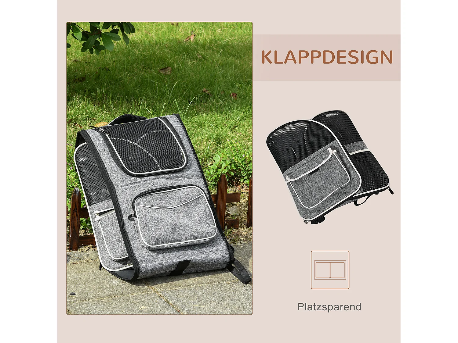 Sac de transport 2-en-1 pour chien et chat, design moderne, toile Oxford, gris, avec porte et fenêtre (43x33x51.5cm)