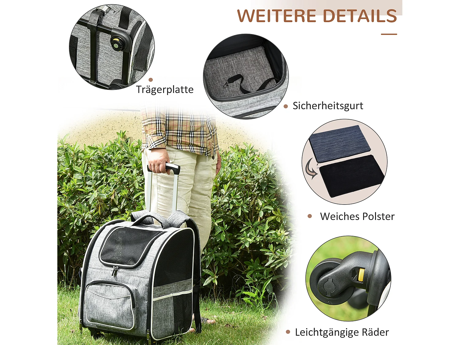 Sac de transport 2-en-1 pour chien et chat, design moderne, toile Oxford, gris, avec porte et fenêtre (43x33x51.5cm)