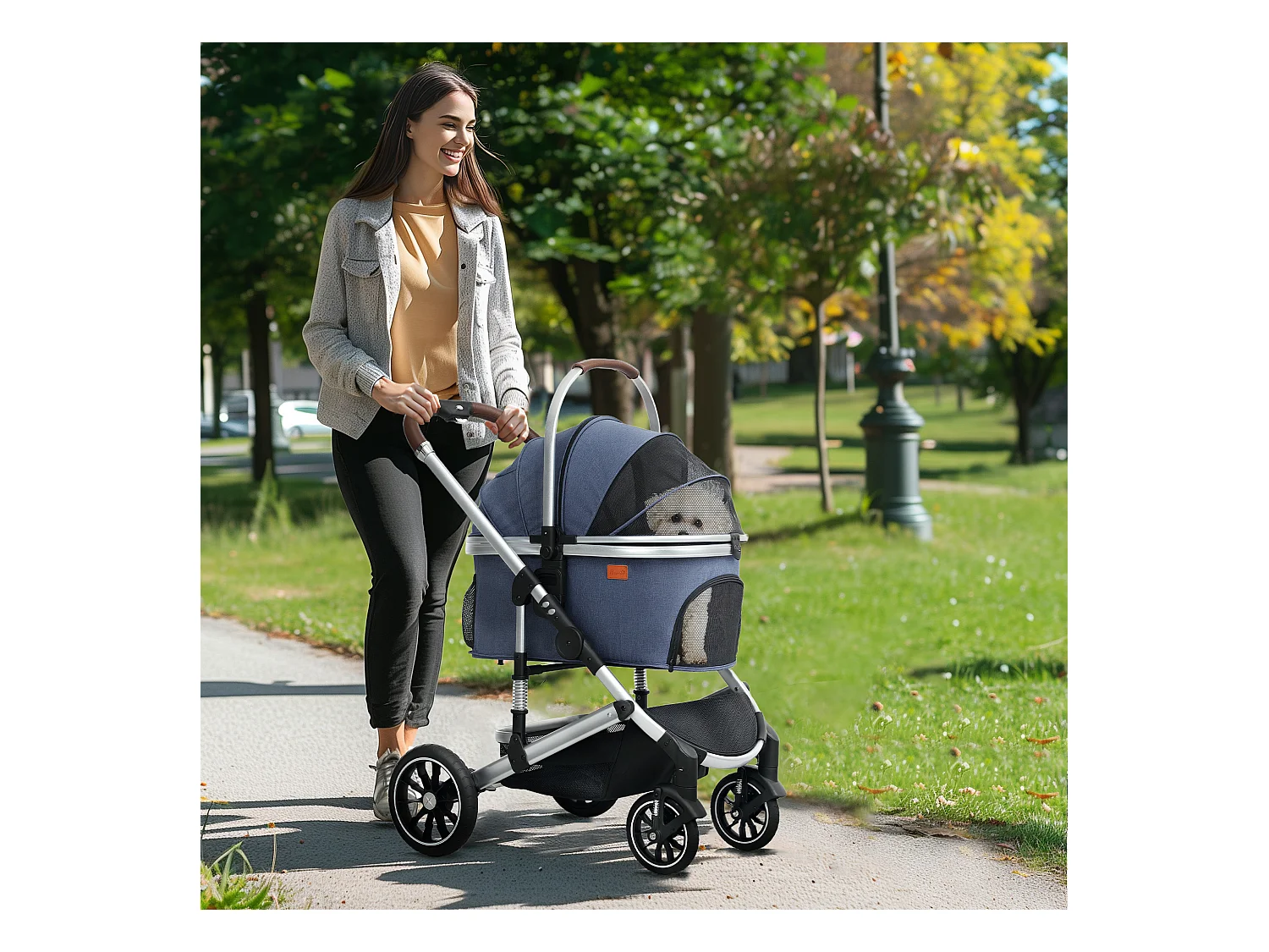 Poussette 3 en 1 pliable pour chien et chat, polyester, bleu foncé, avec coussin et rangement (83x61x103cm)