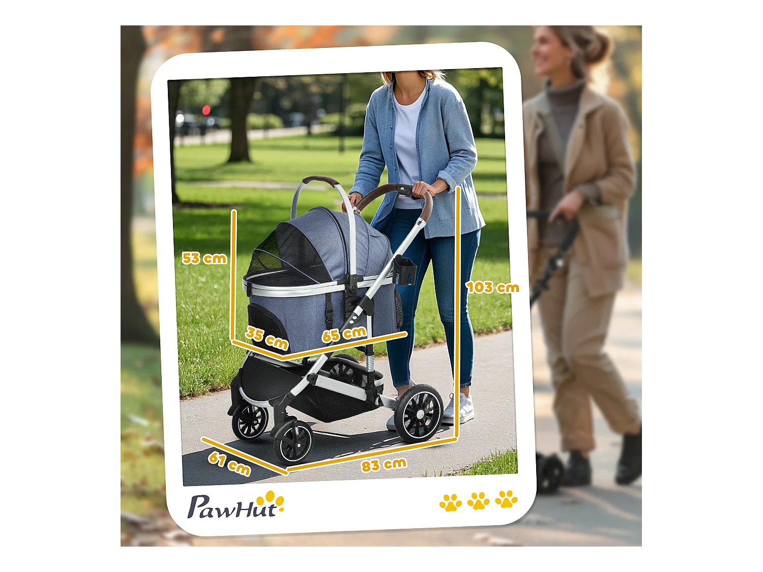 Poussette 3 en 1 pliable pour chien et chat, polyester, bleu foncé, avec coussin et rangement (83x61x103cm)