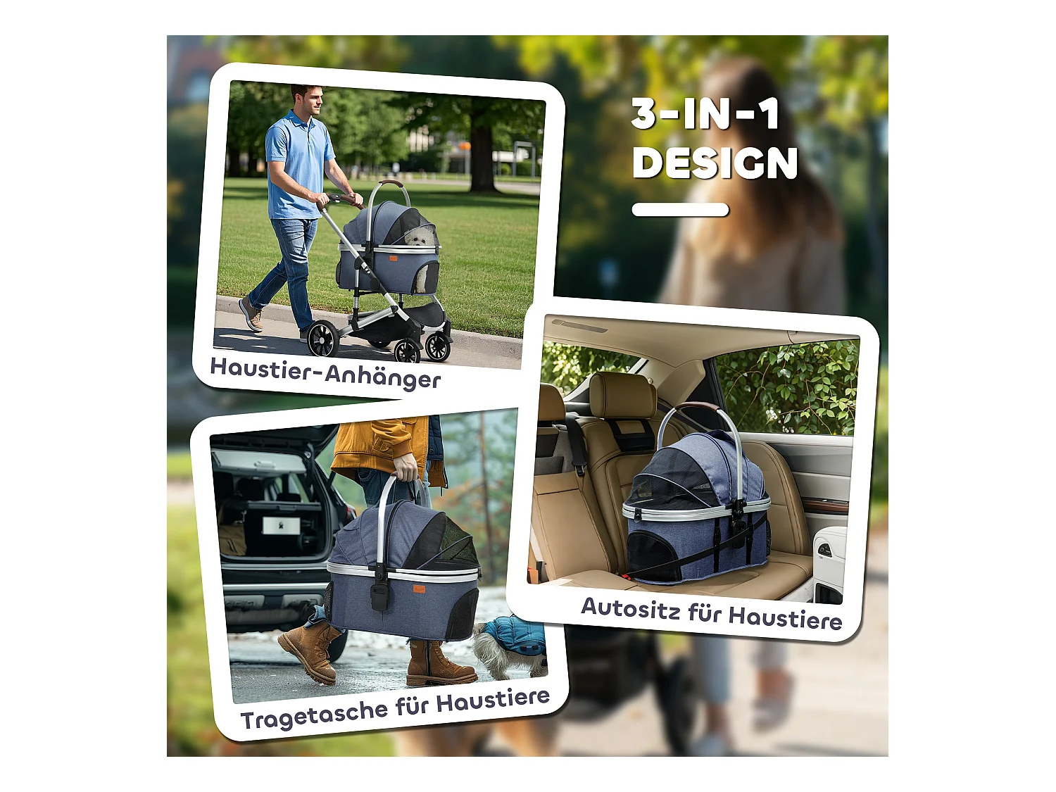 Poussette 3 en 1 pliable pour chien et chat, polyester, bleu foncé, avec coussin et rangement (83x61x103cm)