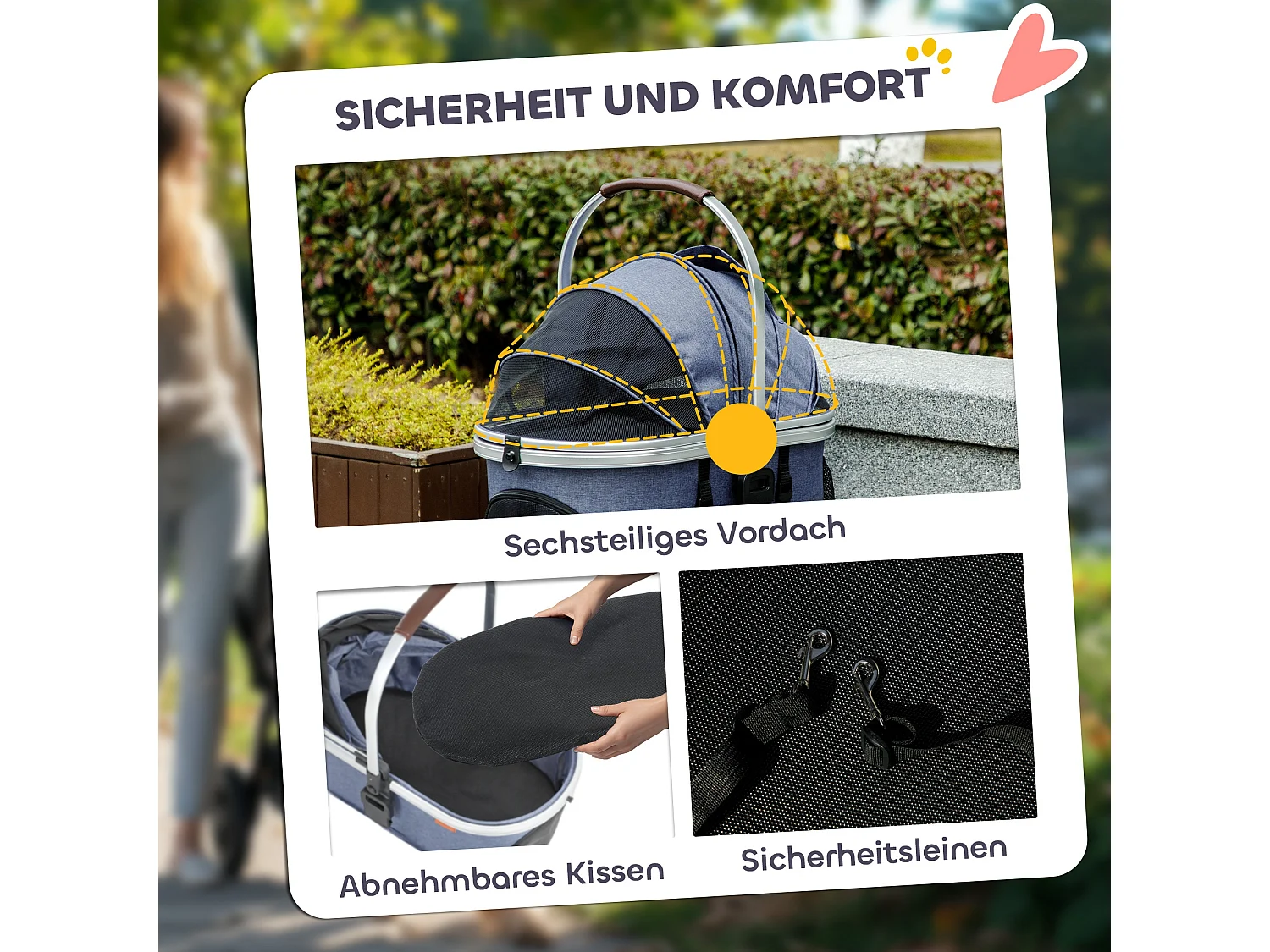 Poussette 3 en 1 pliable pour chien et chat, polyester, bleu foncé, avec coussin et rangement (83x61x103cm)