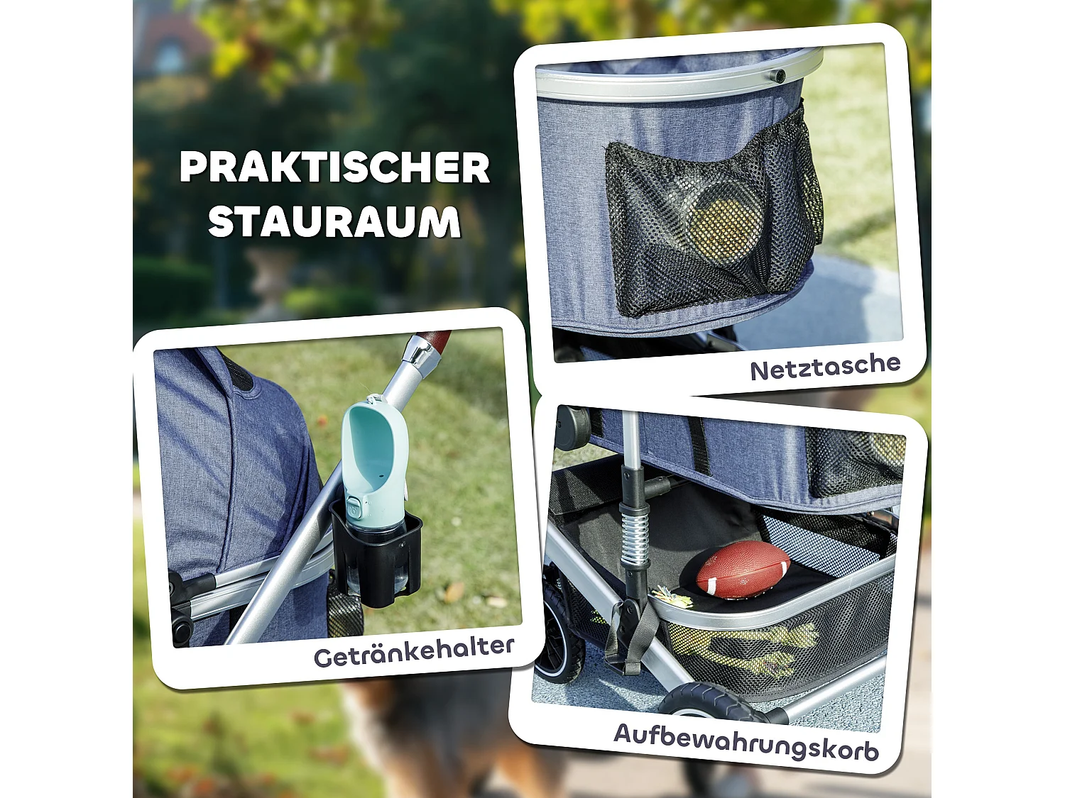 Poussette 3 en 1 pliable pour chien et chat, polyester, bleu foncé, avec coussin et rangement (83x61x103cm)