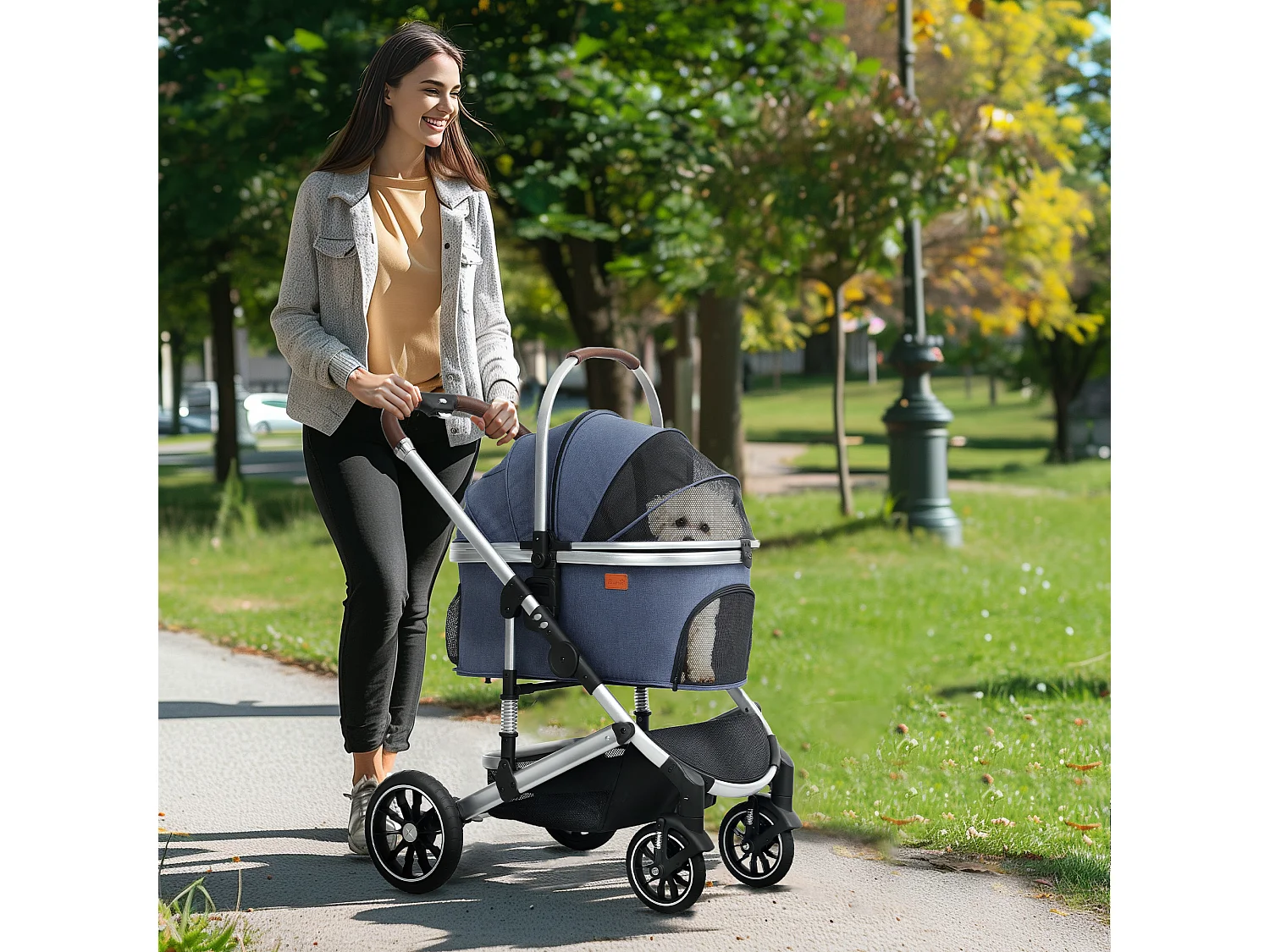 Poussette 3 en 1 pliable pour chien et chat, polyester, bleu foncé, avec coussin et rangement (83x61x103cm)