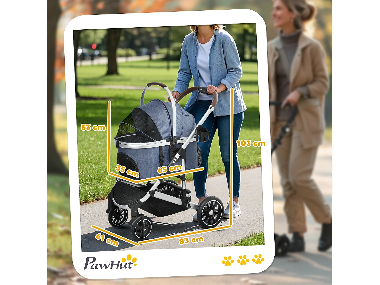 Poussette 3 en 1 pliable pour chien et chat, polyester, bleu foncé, avec coussin et rangement (83x61x103cm)