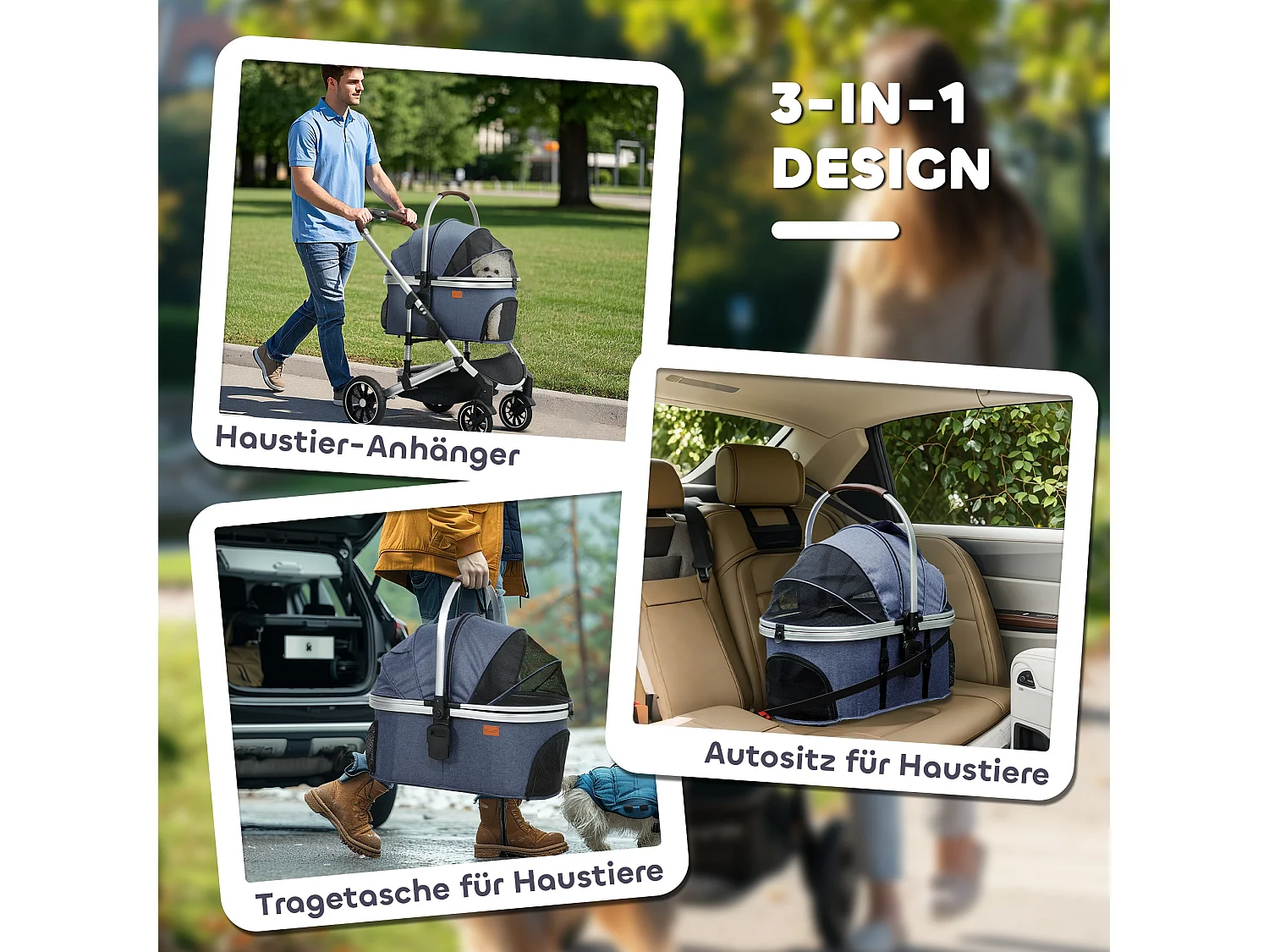 Poussette 3 en 1 pliable pour chien et chat, polyester, bleu foncé, avec coussin et rangement (83x61x103cm)