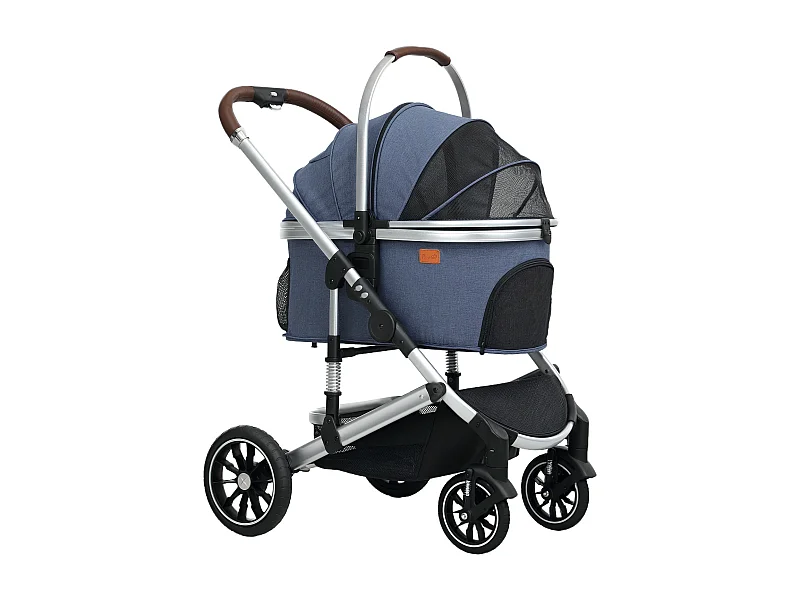 Poussette 3 en 1 pliable pour chien et chat, polyester, bleu foncé, avec coussin et rangement (83x61x103cm)