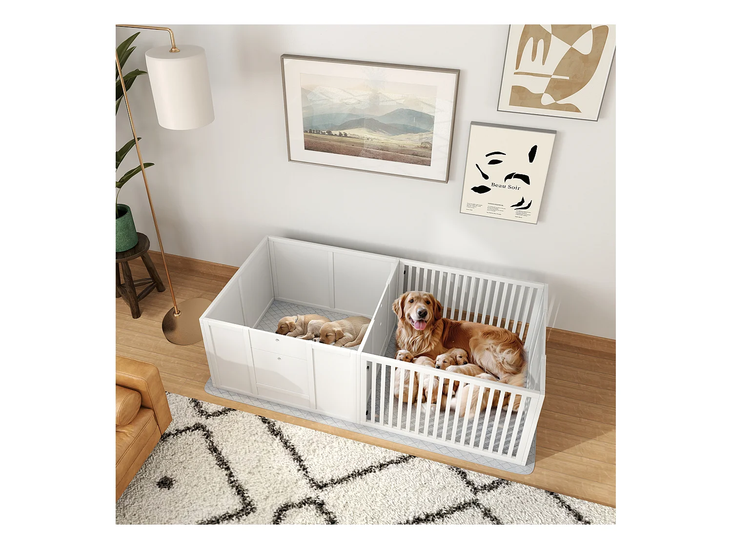 Box de mise bas pour chiots, avec coussin imperméable, porte réglable, MDF, blanc (166x80x50cm)