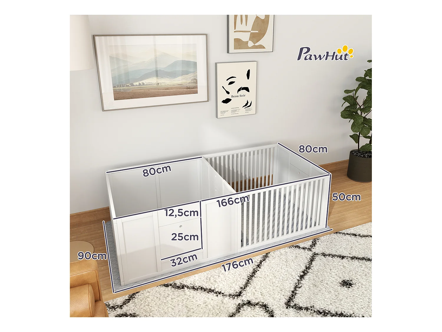 Box de mise bas pour chiots, avec coussin imperméable, porte réglable, MDF, blanc (166x80x50cm)