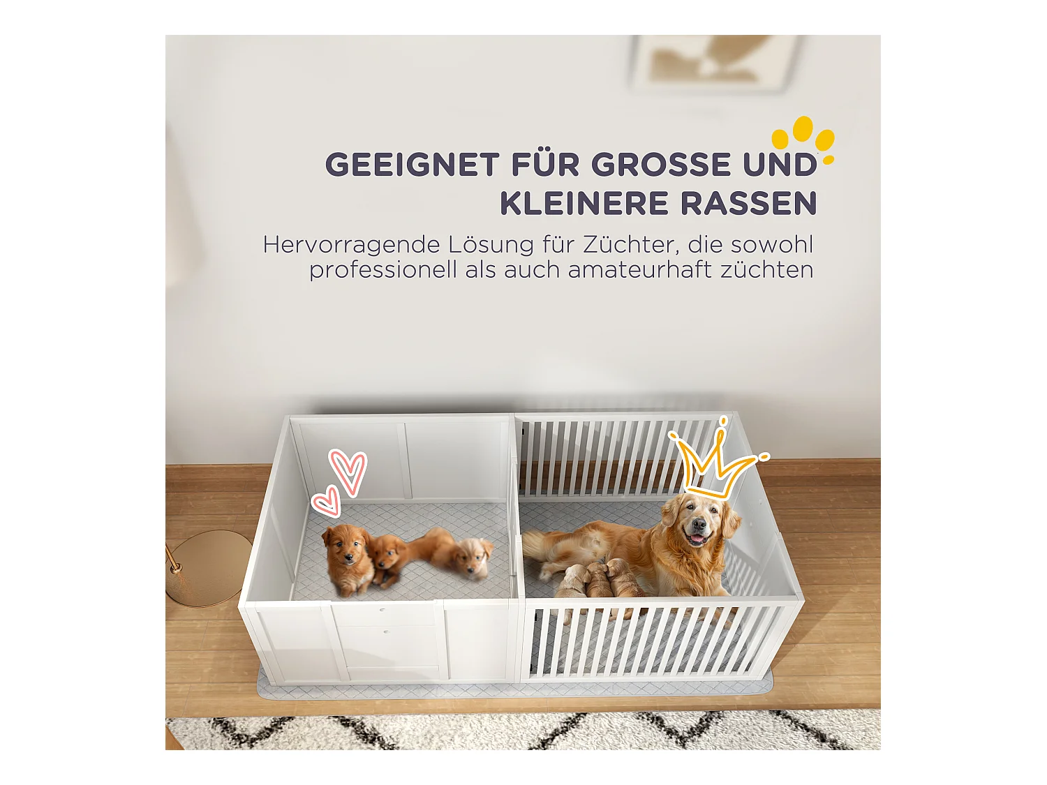 Box de mise bas pour chiots, avec coussin imperméable, porte réglable, MDF, blanc (166x80x50cm)