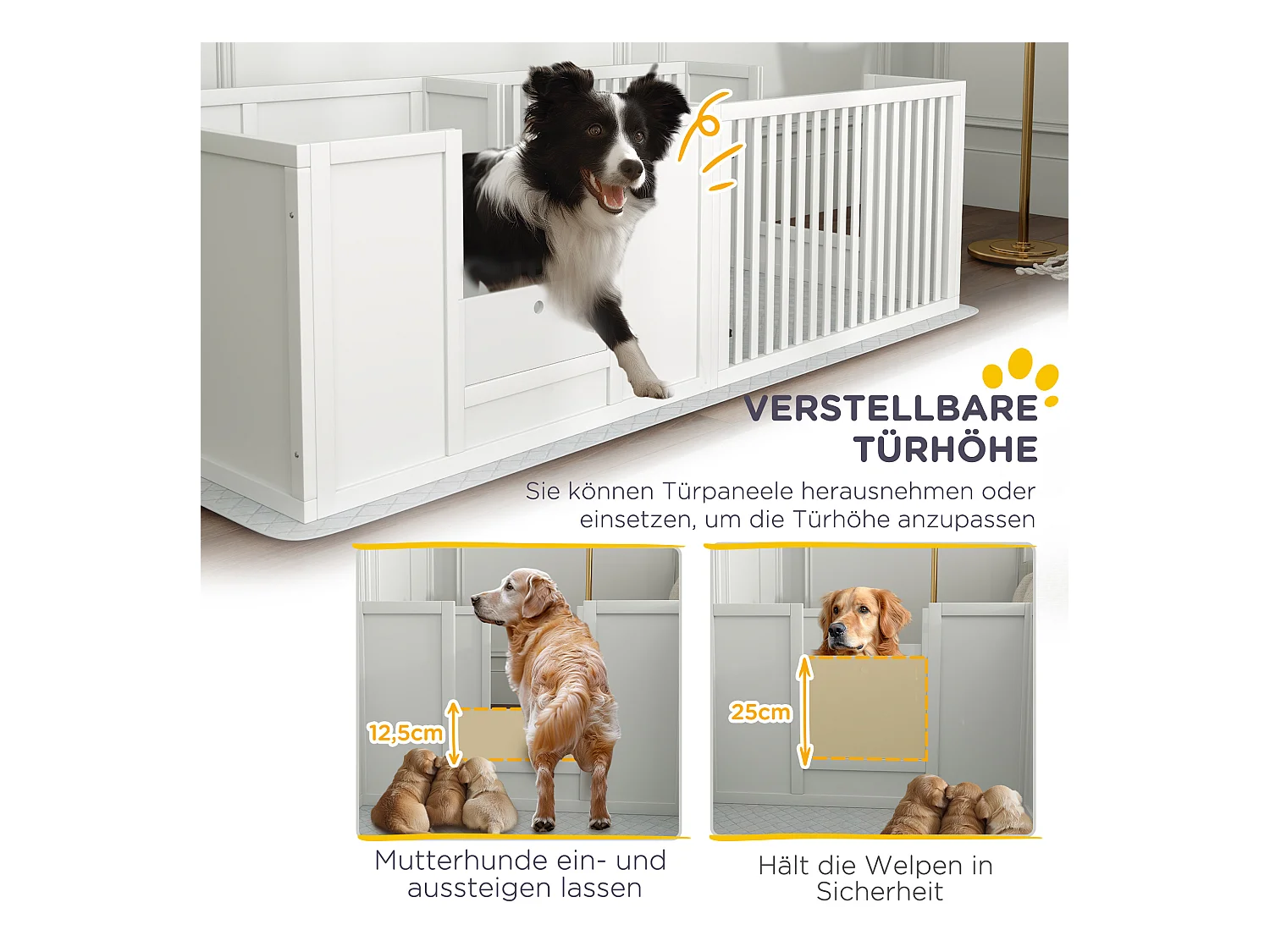 Box de mise bas pour chiots, avec coussin imperméable, porte réglable, MDF, blanc (166x80x50cm)