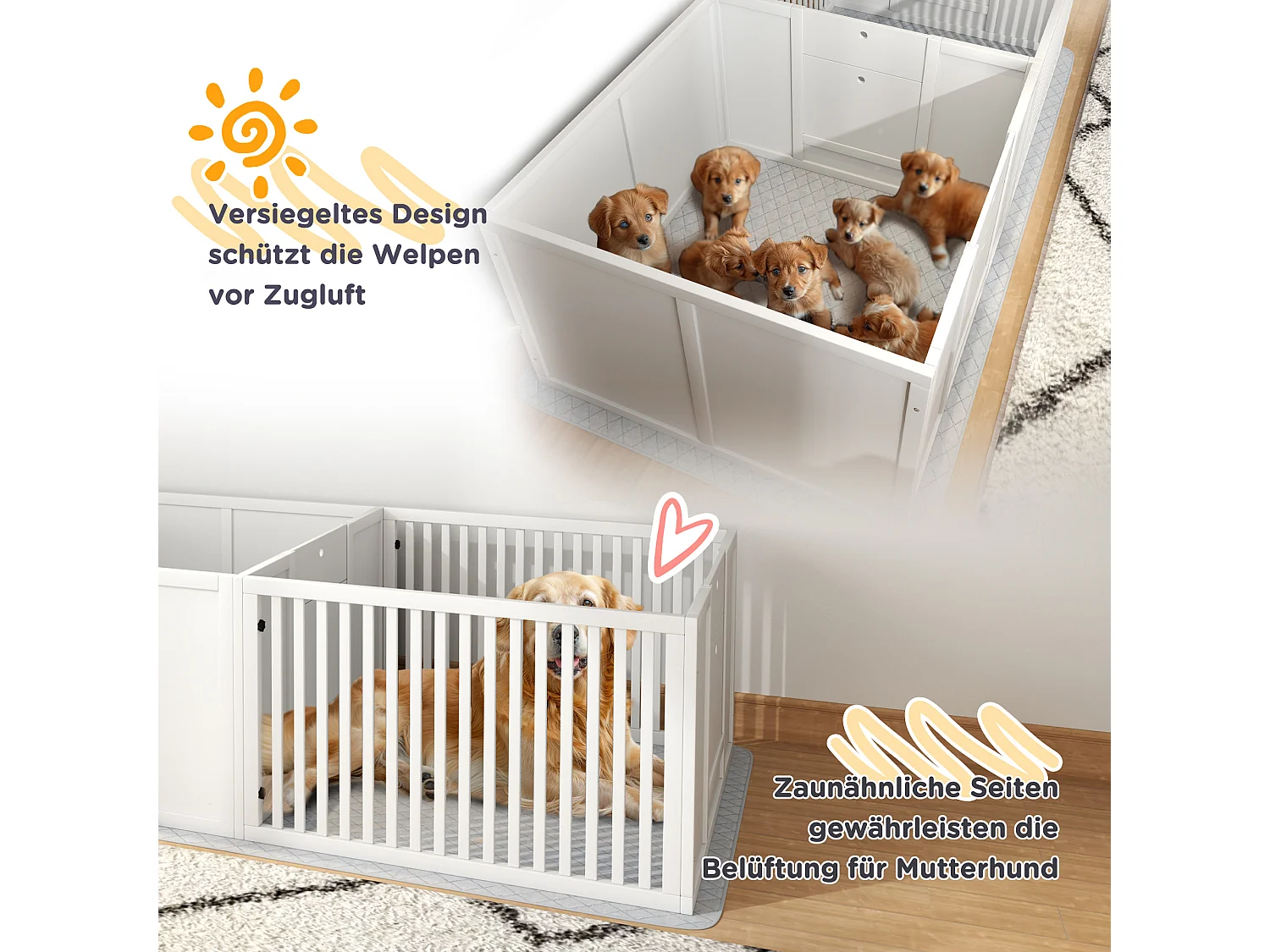 Box de mise bas pour chiots, avec coussin imperméable, porte réglable, MDF, blanc (166x80x50cm)