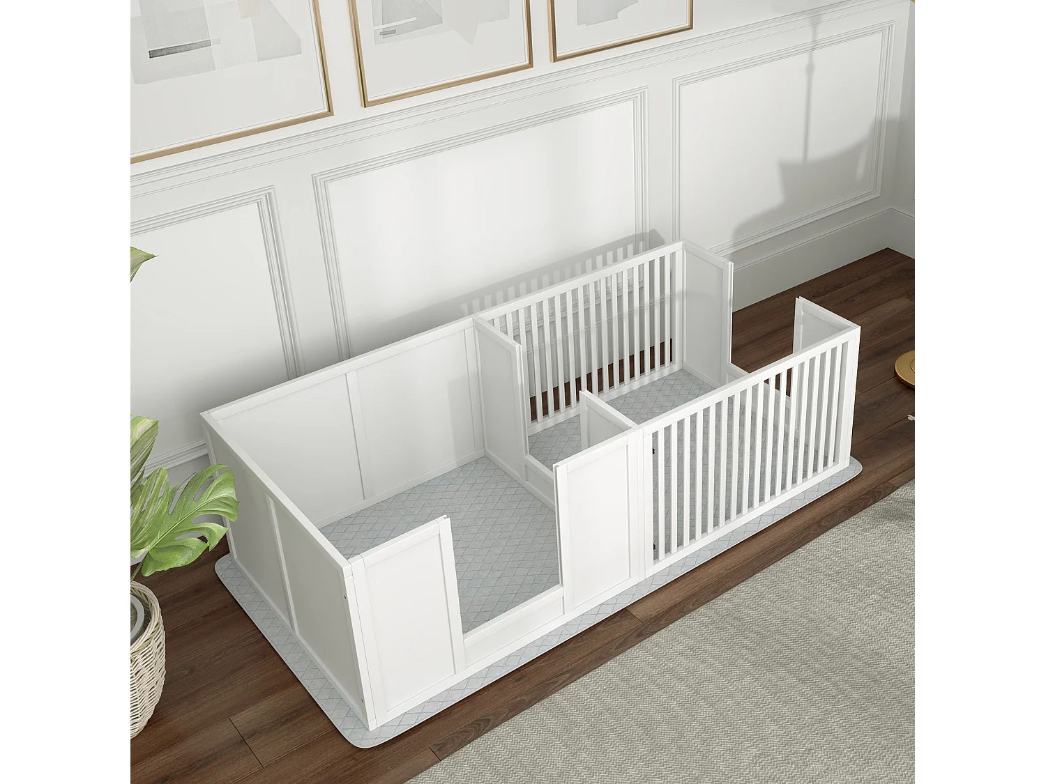 Box de mise bas pour chiots, avec coussin imperméable, porte réglable, MDF, blanc (166x80x50cm)