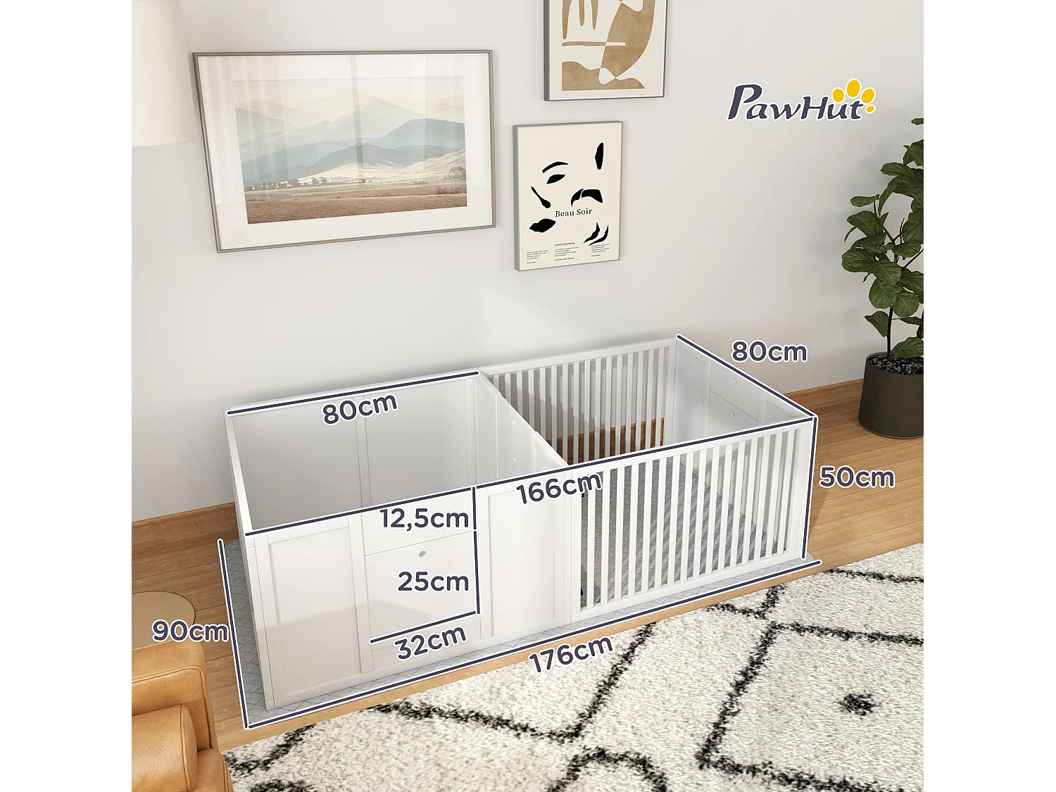 Gabbia per il parto dei cuccioli con cuscino impermeabile e porta regolabile, MDF, bianco (166x80x50cm)