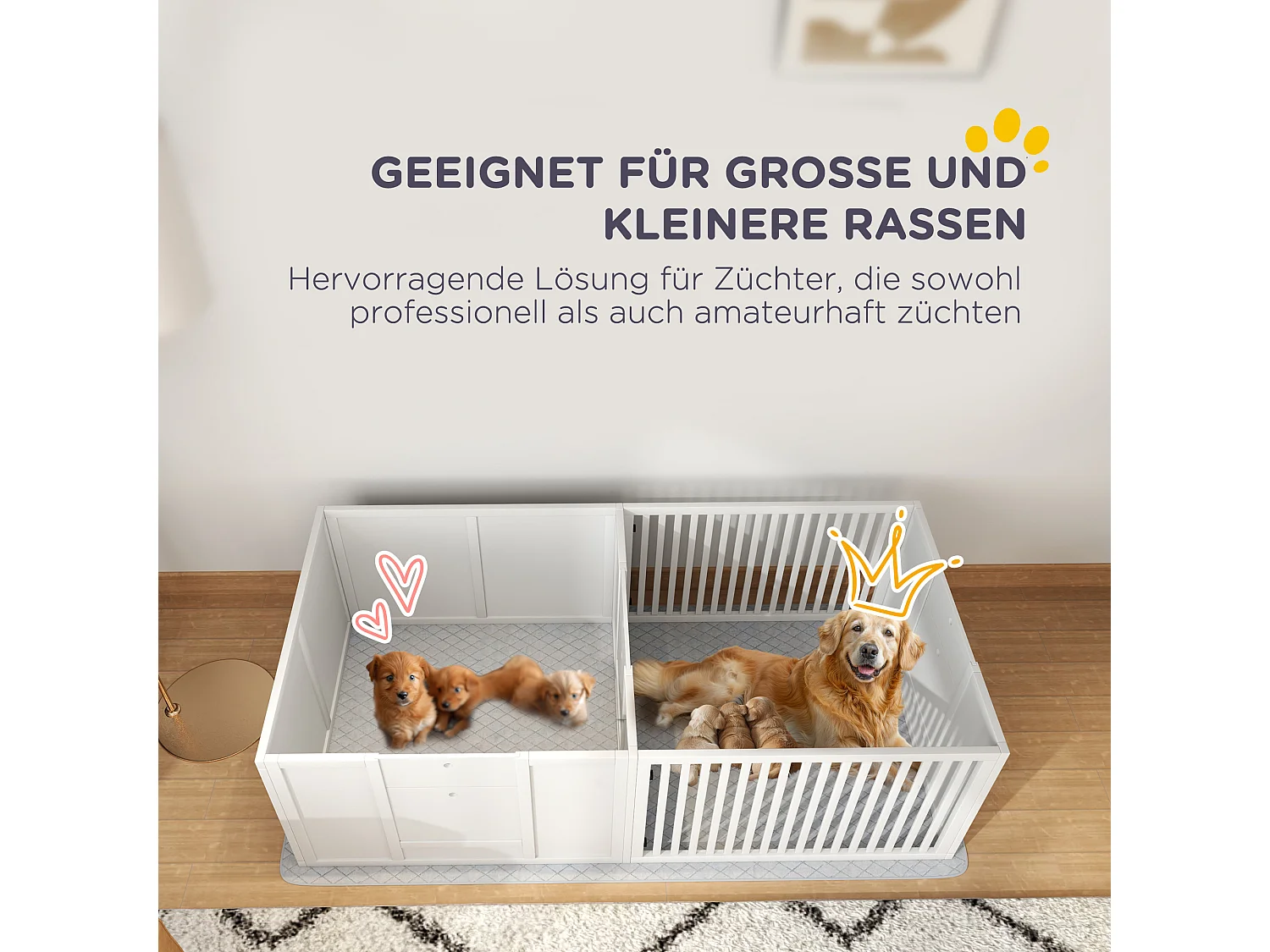 Gabbia per il parto dei cuccioli con cuscino impermeabile e porta regolabile, MDF, bianco (166x80x50cm)