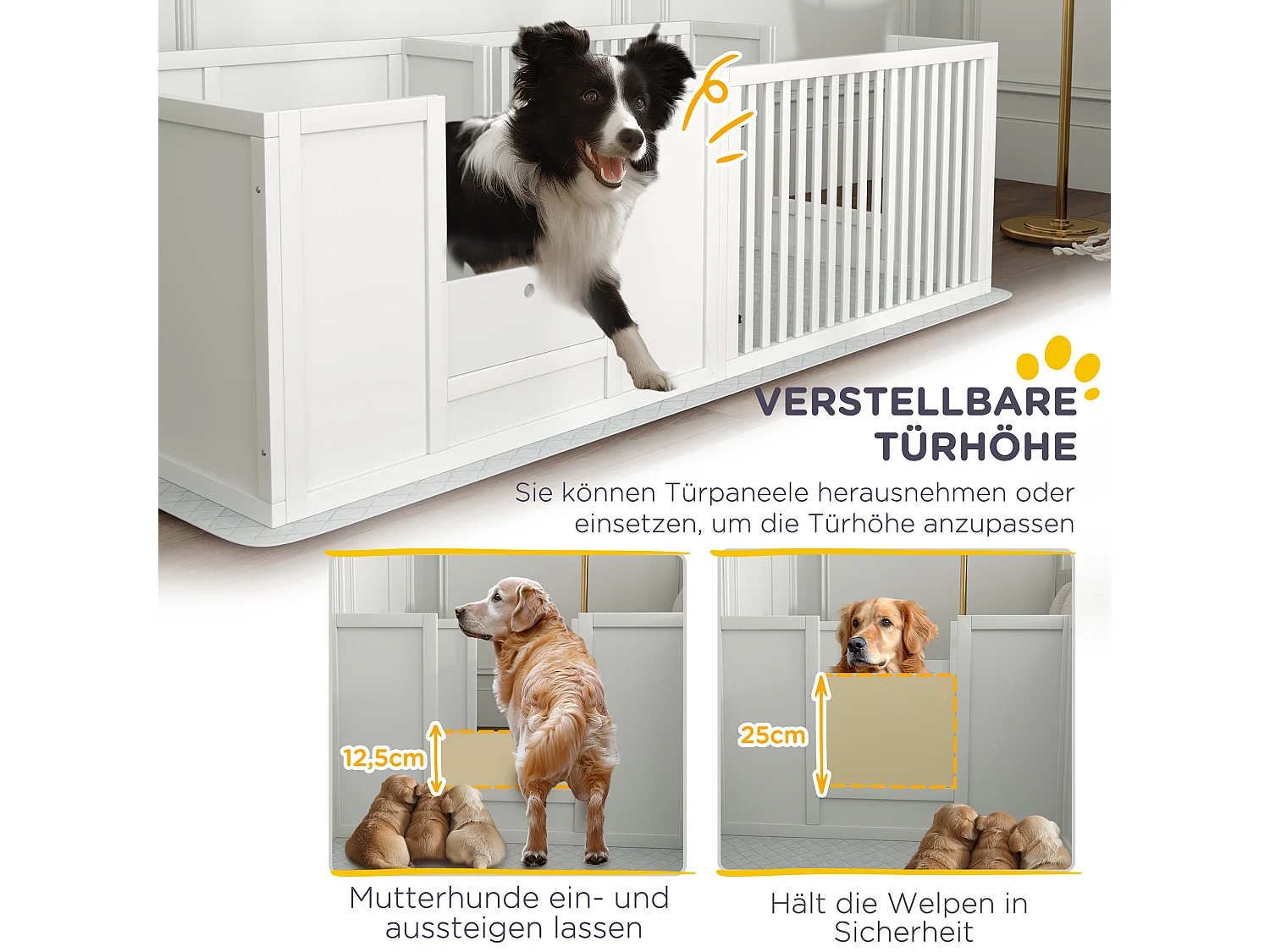 Gabbia per il parto dei cuccioli con cuscino impermeabile e porta regolabile, MDF, bianco (166x80x50cm)