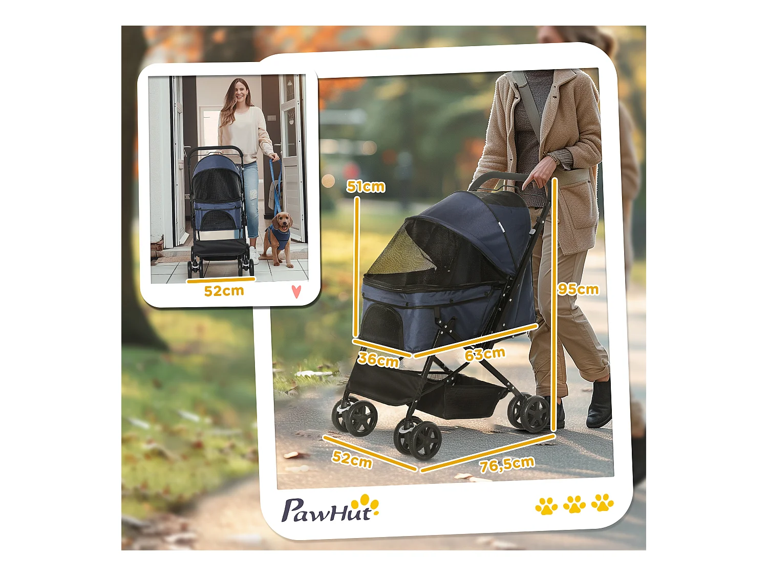 Poussette pour chien et chat pliable, polyester résistant, bleu, avec roues pivotantes et housse réglable (76.5x52x95cm)