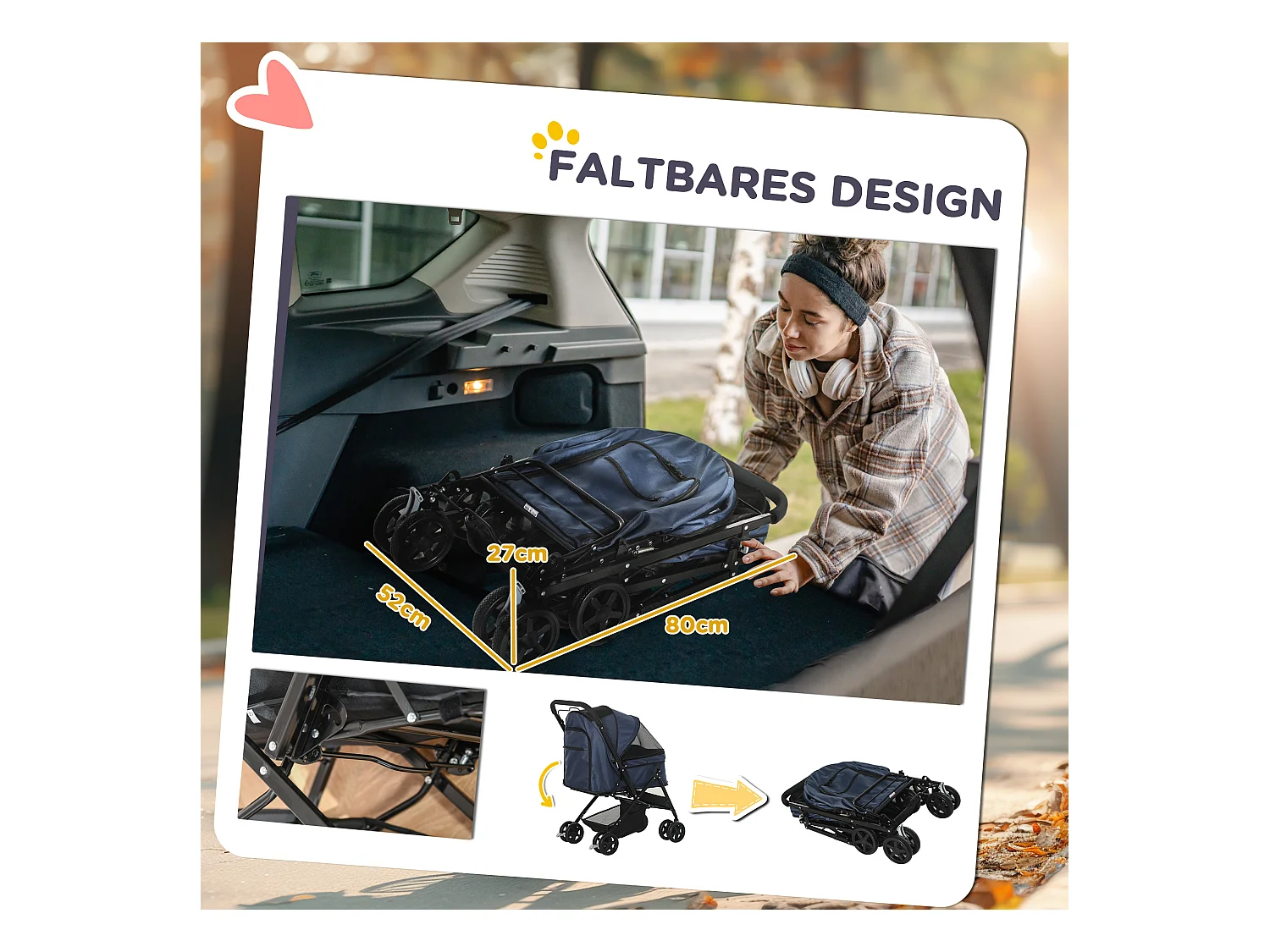 Poussette pour chien et chat pliable, polyester résistant, bleu, avec roues pivotantes et housse réglable (76.5x52x95cm)