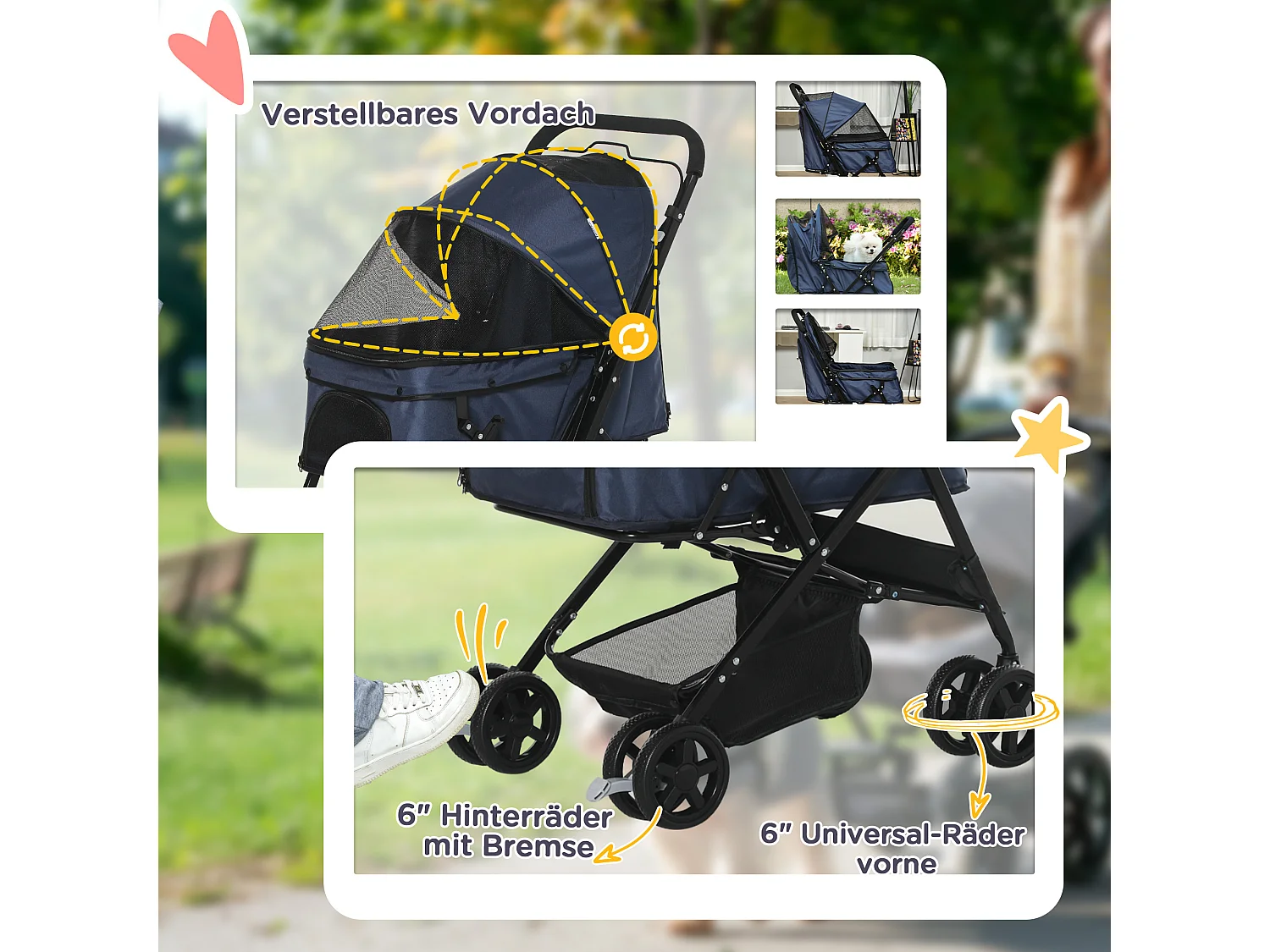 Poussette pour chien et chat pliable, polyester résistant, bleu, avec roues pivotantes et housse réglable (76.5x52x95cm)