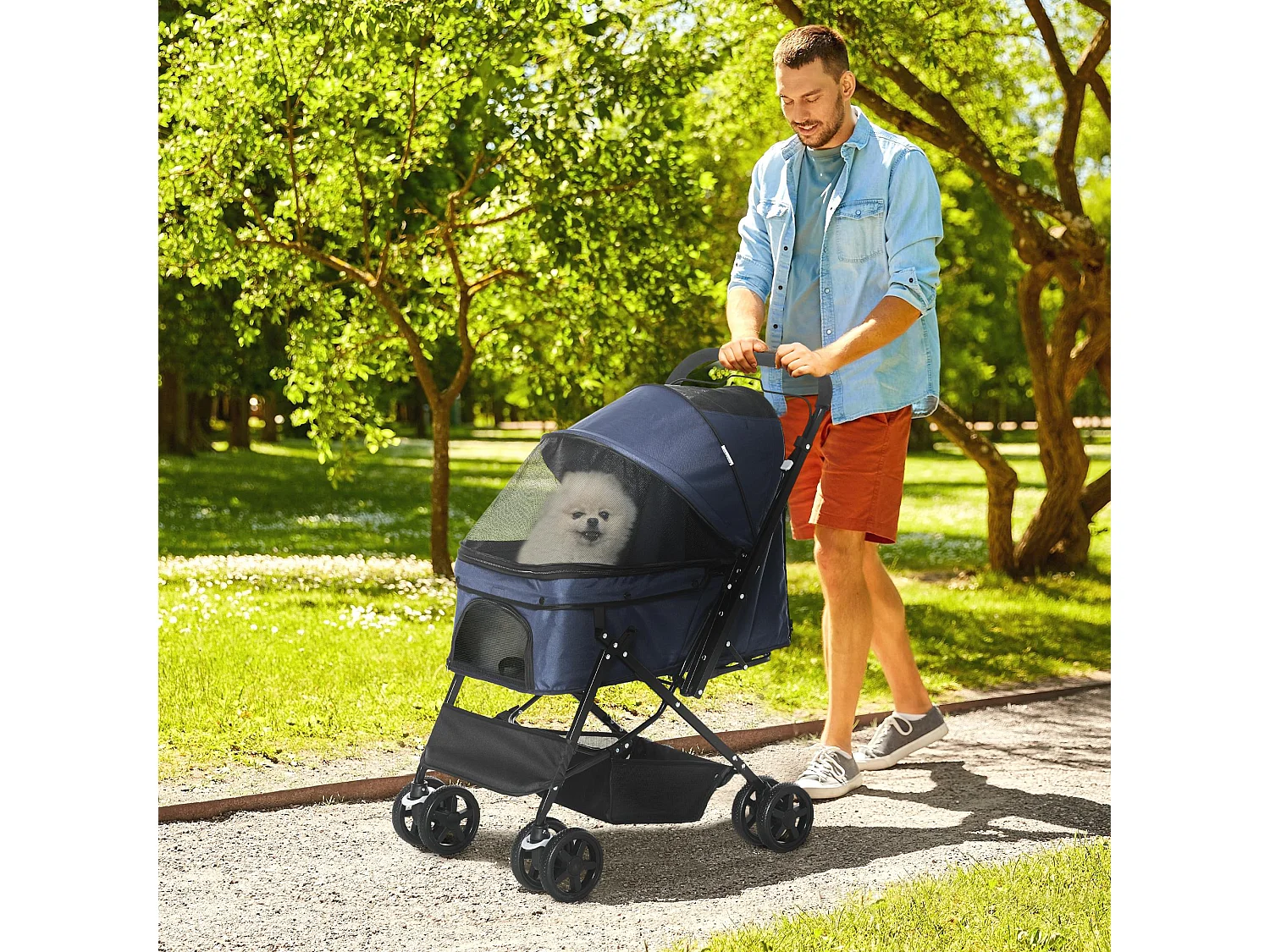 Poussette pour chien et chat pliable, polyester résistant, bleu, avec roues pivotantes et housse réglable (76.5x52x95cm)