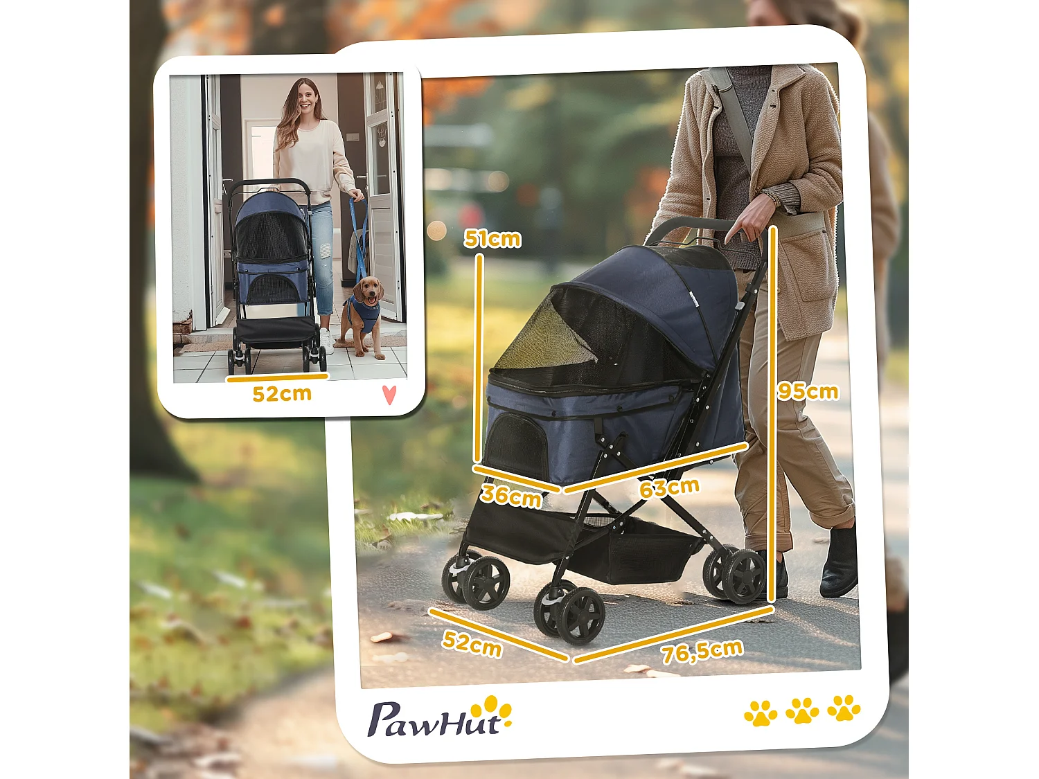 Poussette pour chien et chat pliable, polyester résistant, bleu, avec roues pivotantes et housse réglable (76.5x52x95cm)